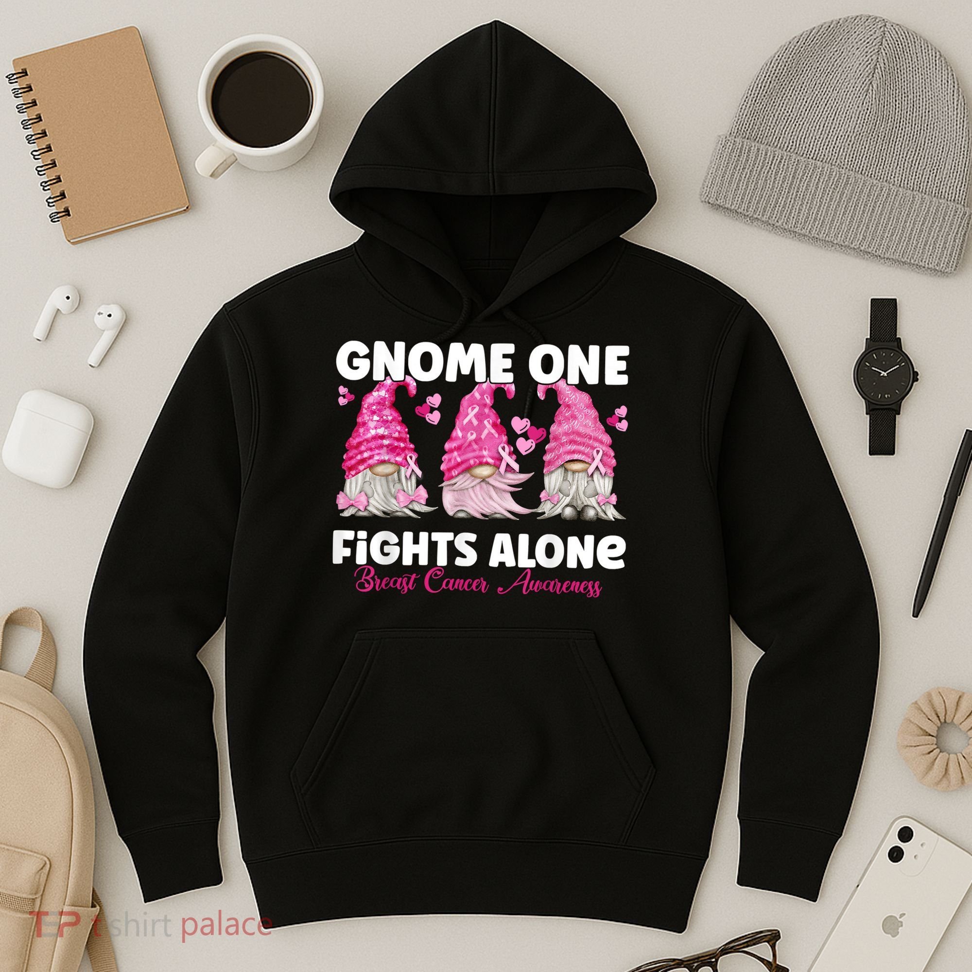 Gnome One Fights Alone Pink Breast Cancer Awareness Hoodie