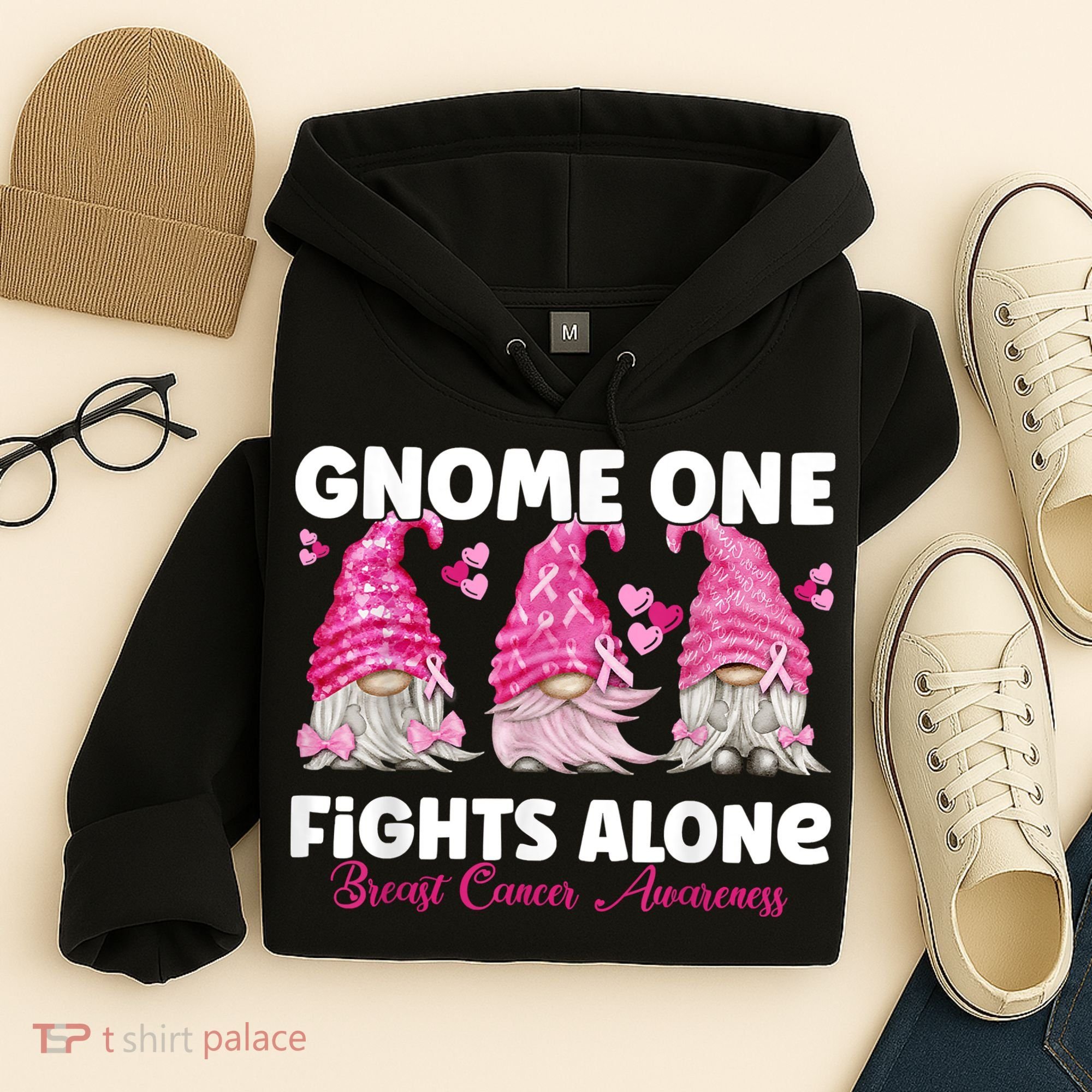 Gnome One Fights Alone Pink Breast Cancer Awareness Hoodie