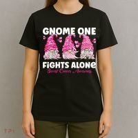 Gnome One Fights Alone Pink Breast Cancer Awareness T-Shirt thumb 4
