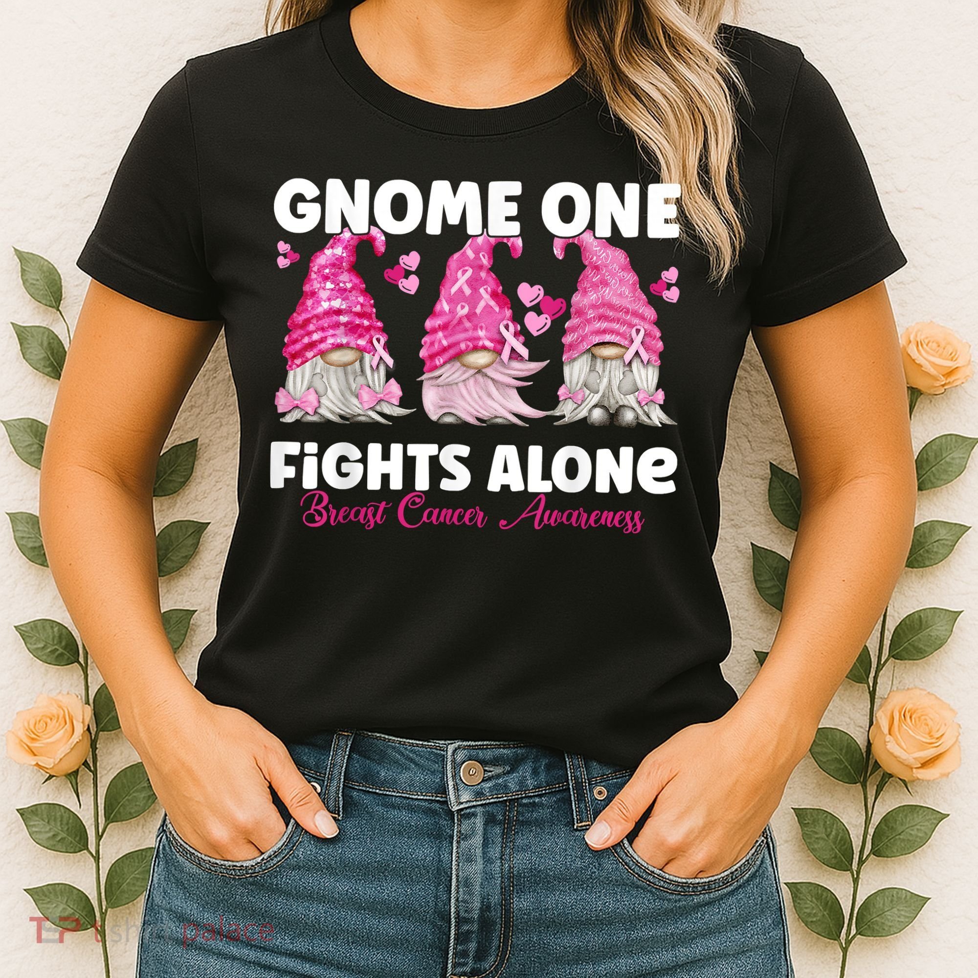 Gnome One Fights Alone Pink Breast Cancer Awareness Women's T-Shirt