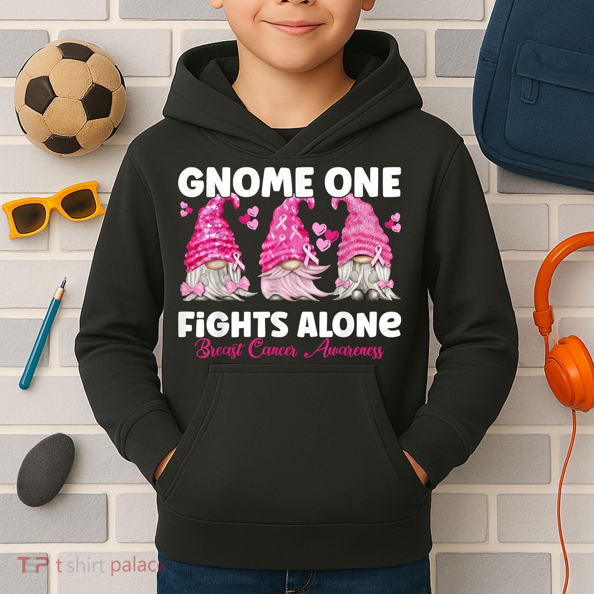 Gnome One Fights Alone Pink Breast Cancer Awareness Kids Hoodie