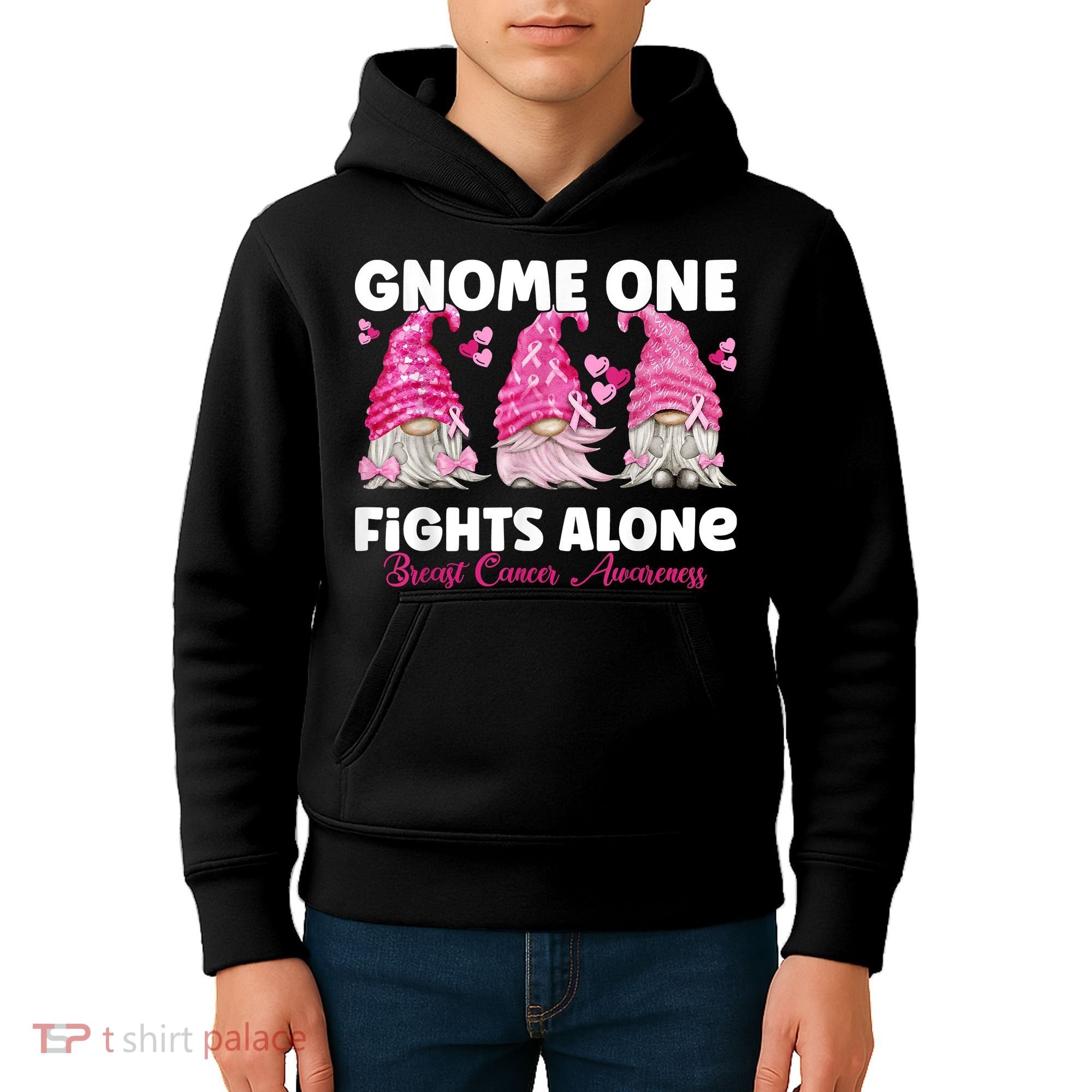 Gnome One Fights Alone Pink Breast Cancer Awareness Kids Hoodie