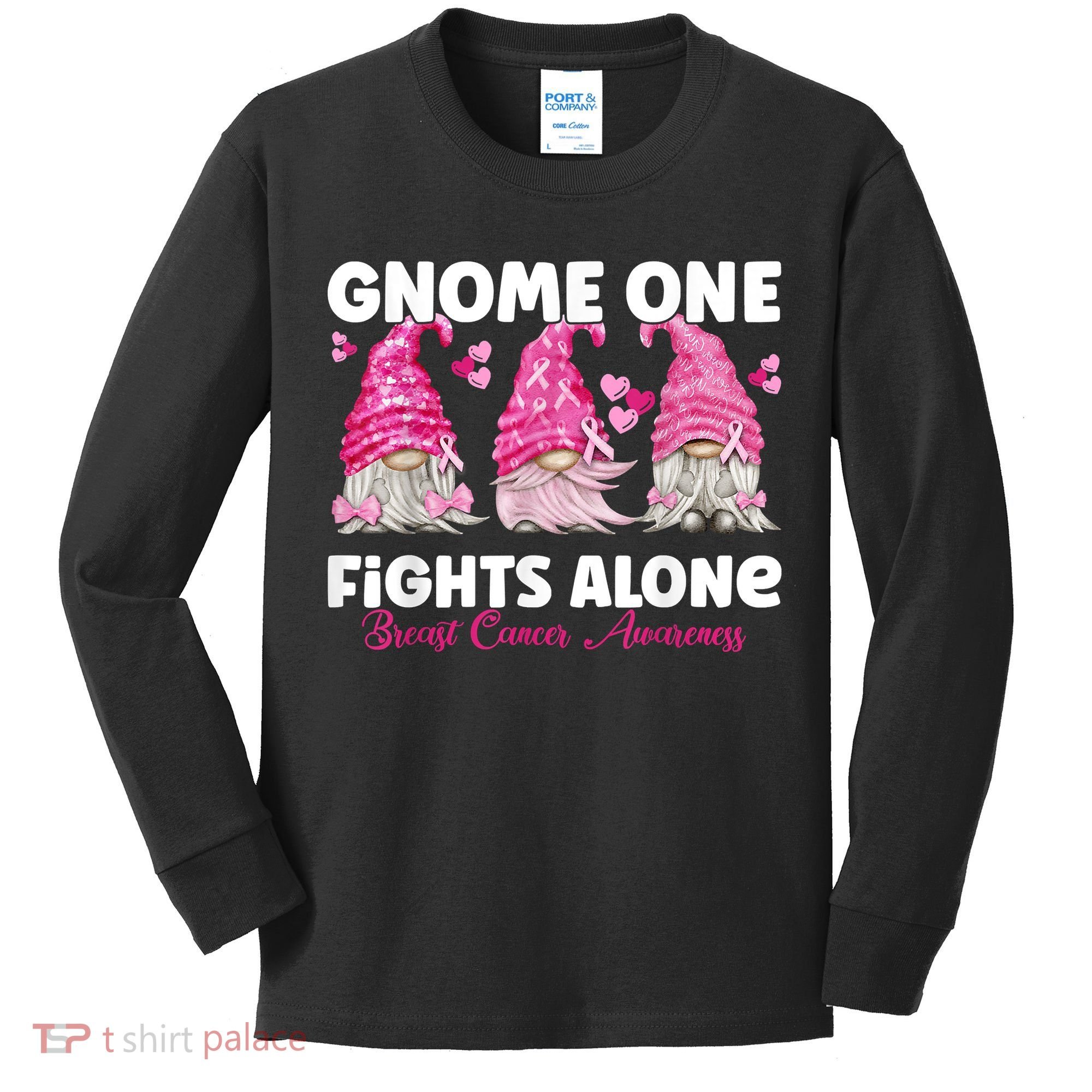 Gnome One Fights Alone Pink Breast Cancer Awareness Kids Long Sleeve Shirt