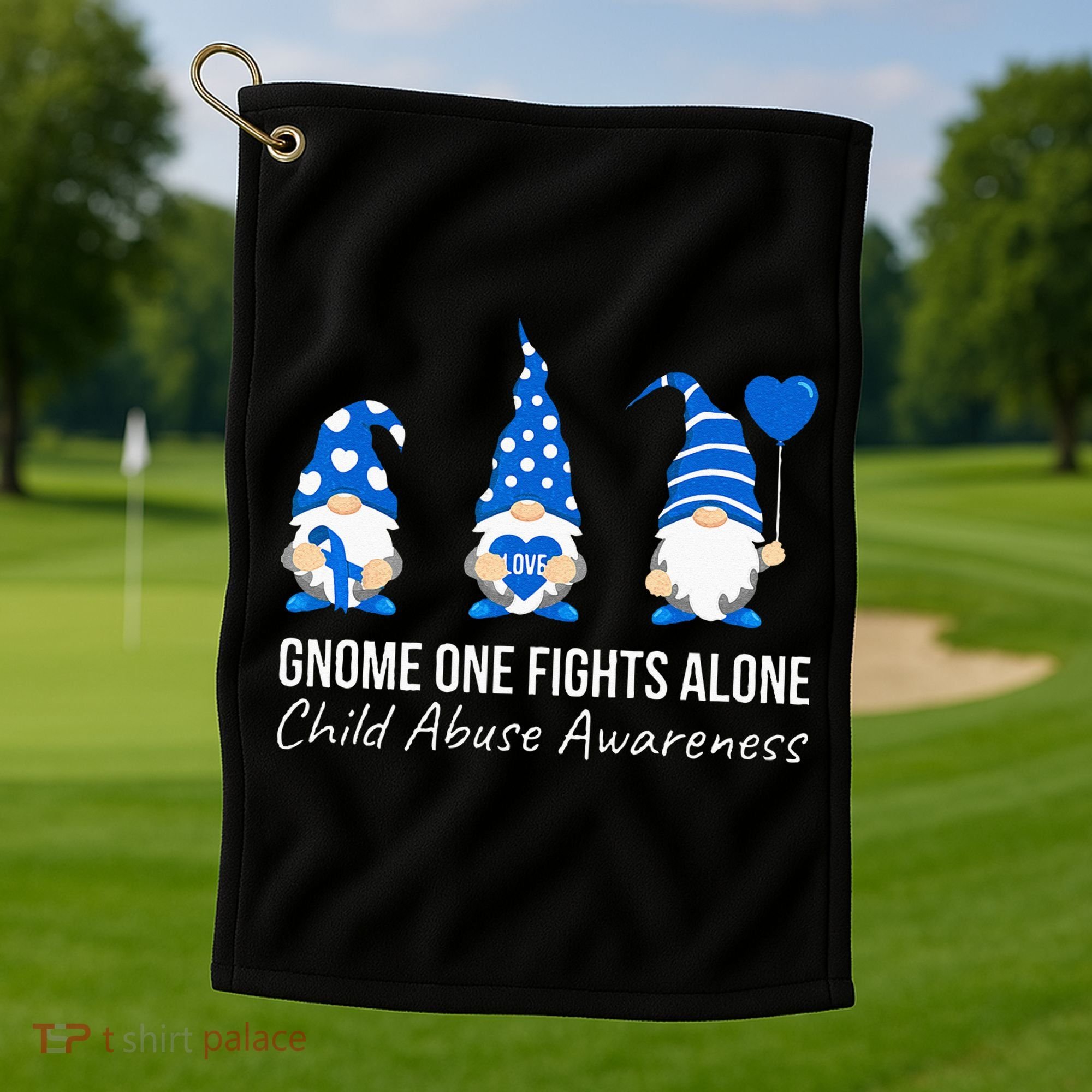 Gnome One Fights Alone Child Abuse Awareness Blue Ribbon Golf Towel
