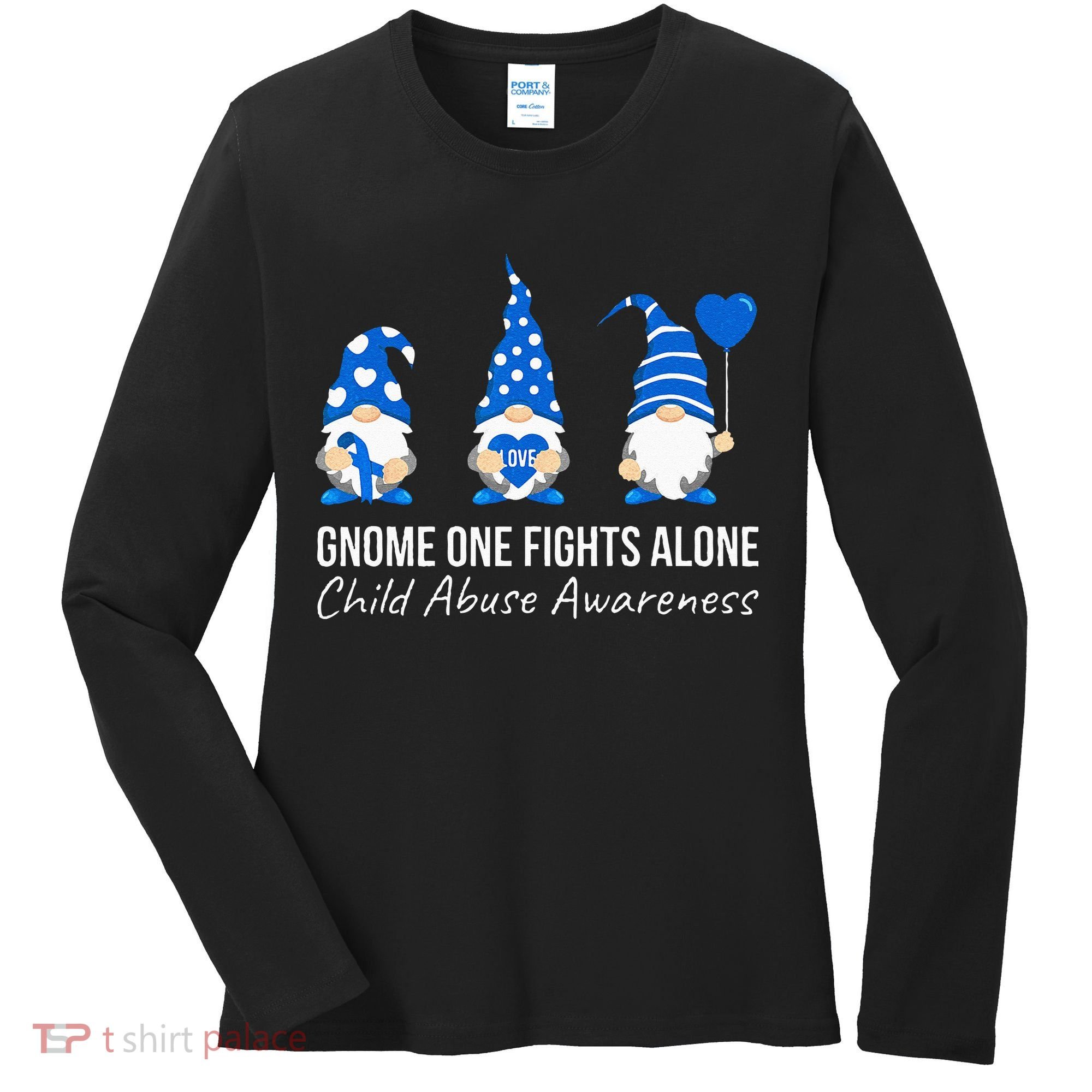 Gnome One Fights Alone Child Abuse Awareness Blue Ribbon Women's Long Sleeve Shirt