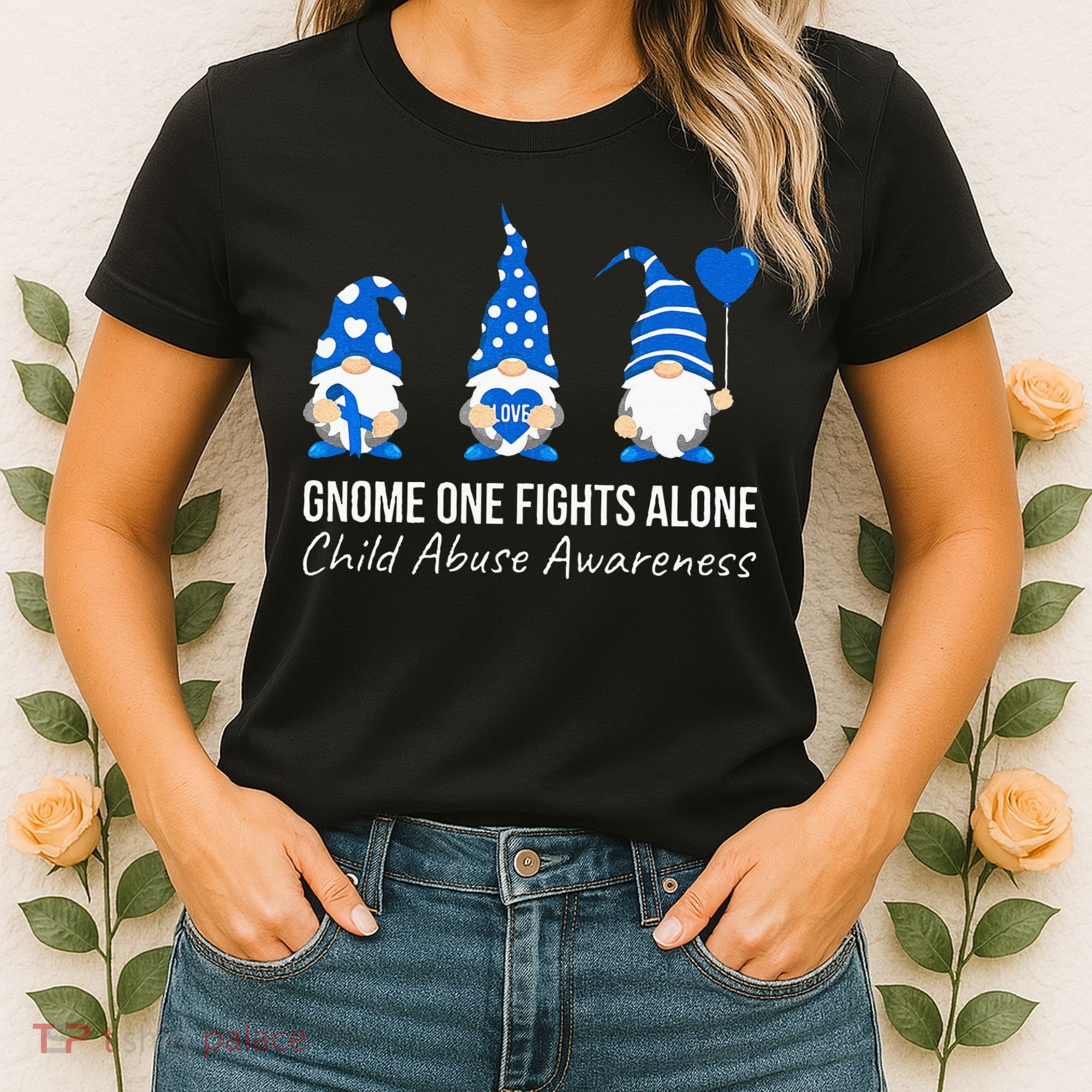 Gnome One Fights Alone Child Abuse Awareness Blue Ribbon Women's T-Shirt