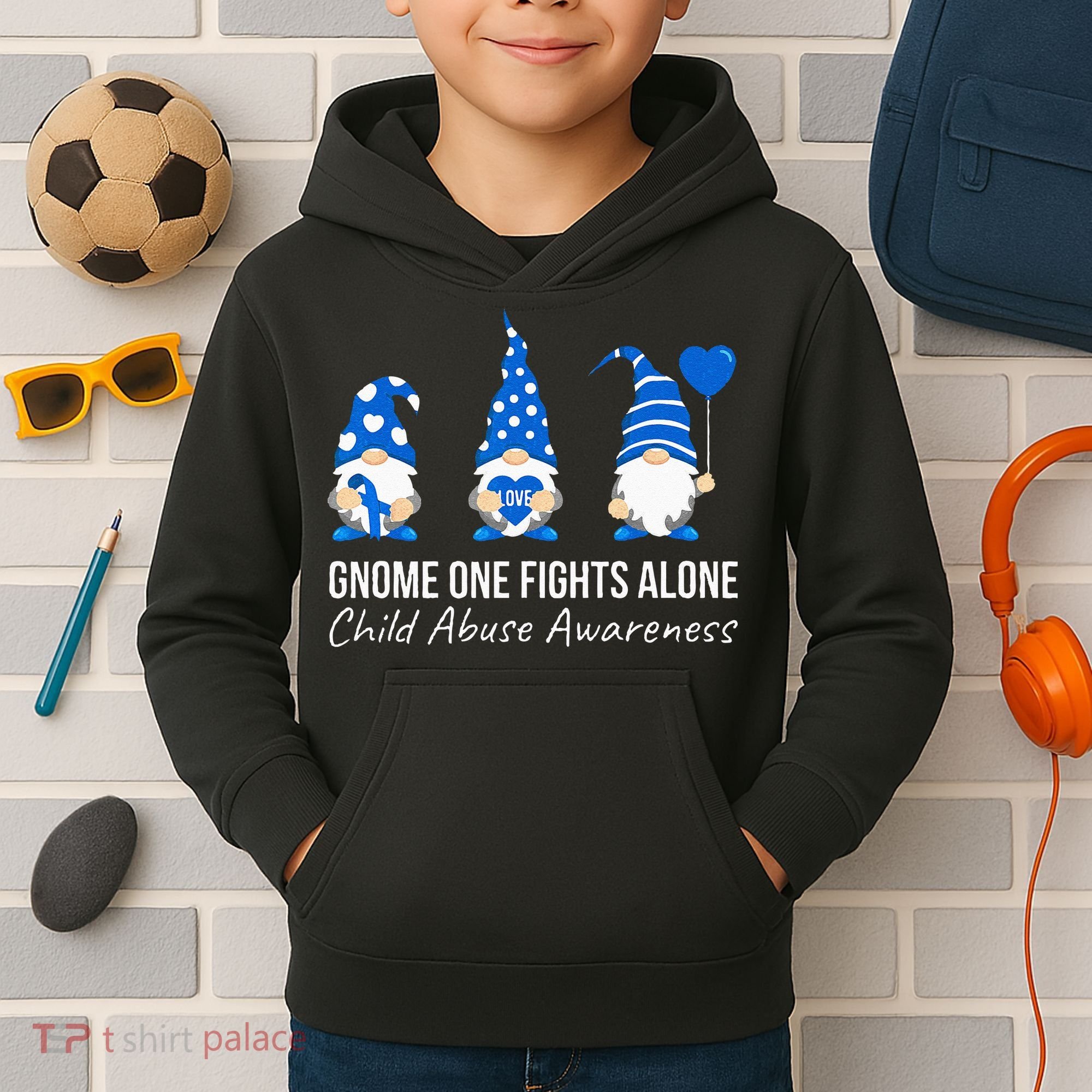 Gnome One Fights Alone Child Abuse Awareness Blue Ribbon Kids Hoodie