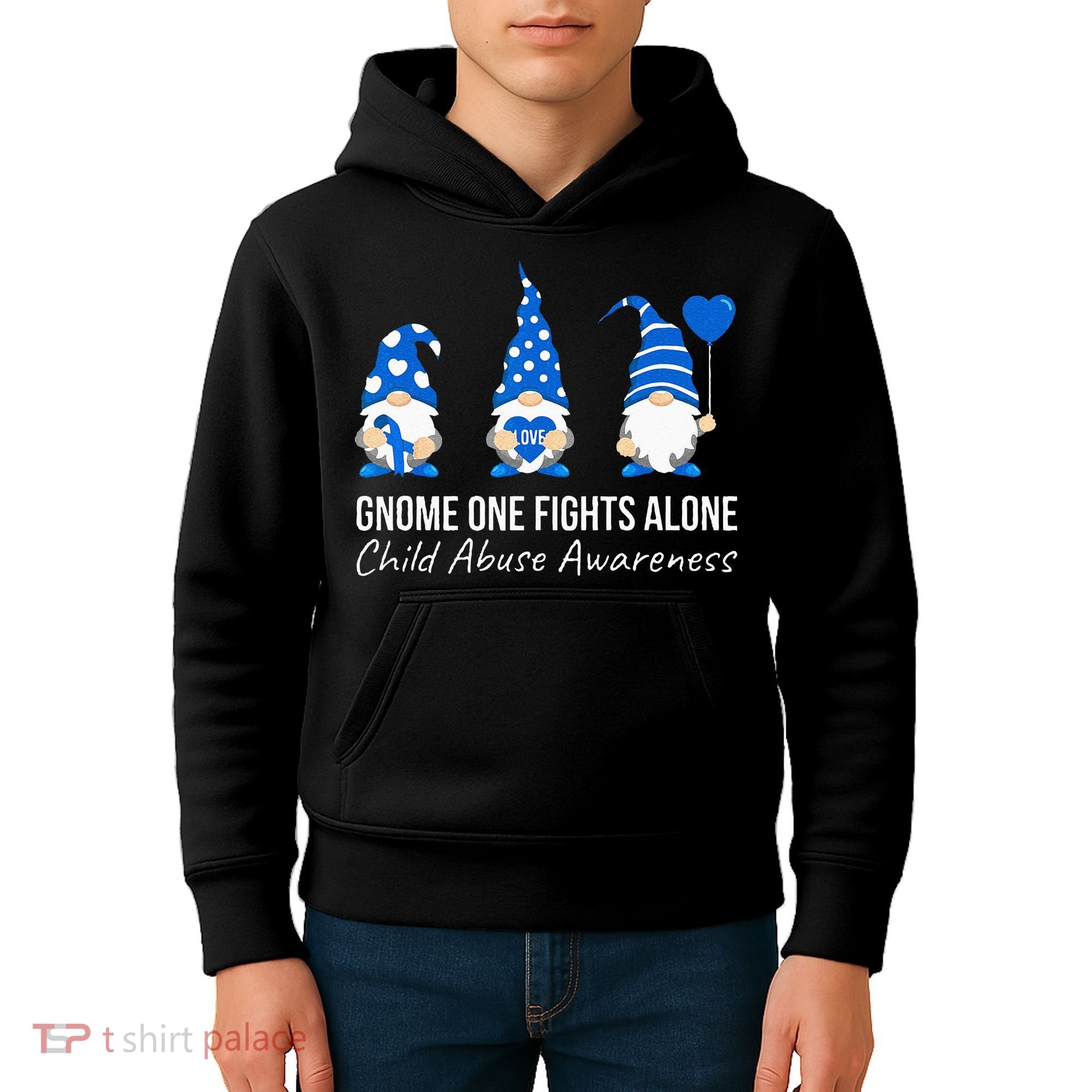 Gnome One Fights Alone Child Abuse Awareness Blue Ribbon Kids Hoodie