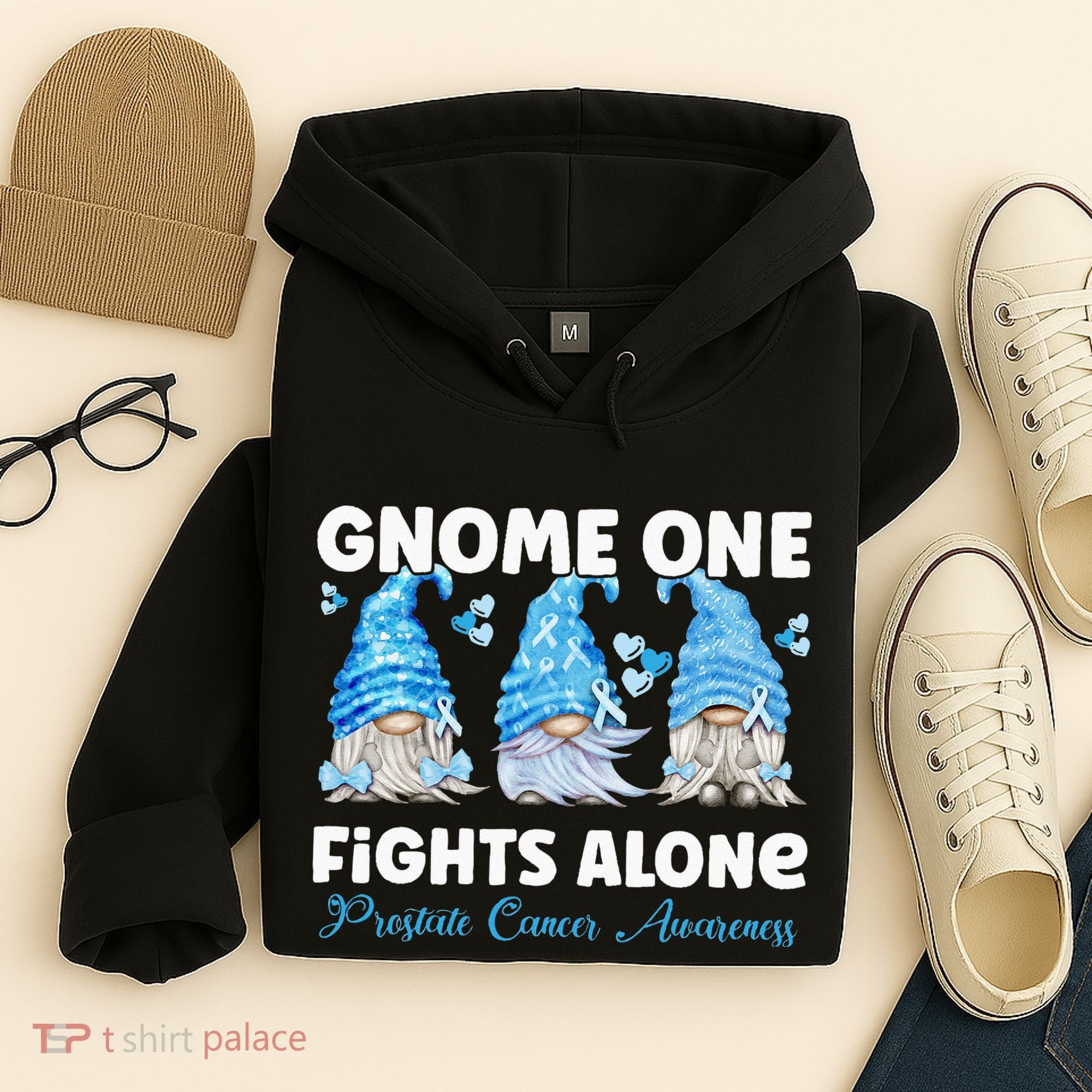 Gnome One Fights Alone Light Blue Prostate Cancer Awareness Hoodie
