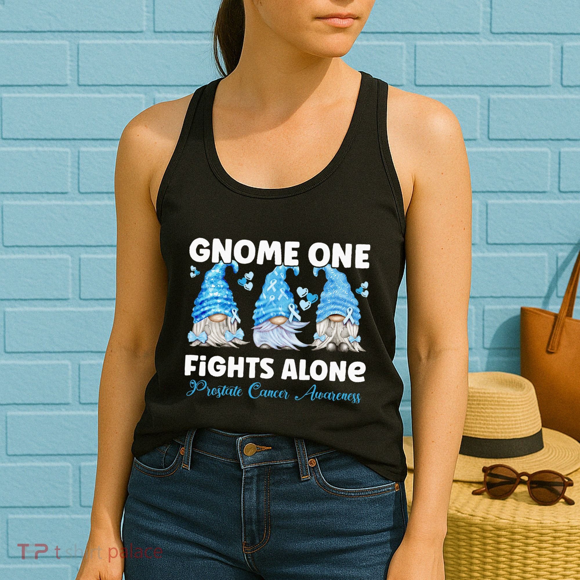 Gnome One Fights Alone Light Blue Prostate Cancer Awareness Women's Tank Top