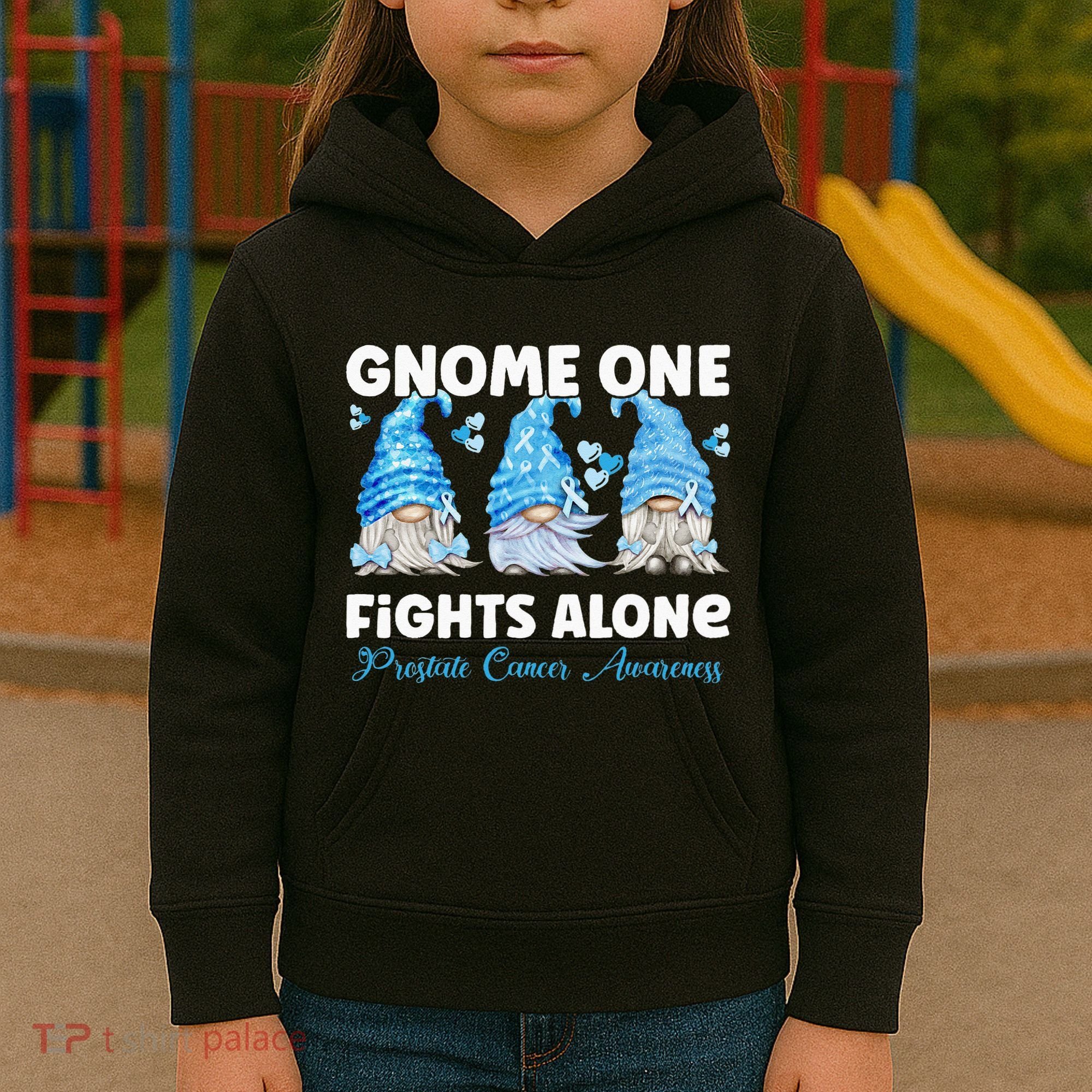 Gnome One Fights Alone Light Blue Prostate Cancer Awareness Kids Hoodie