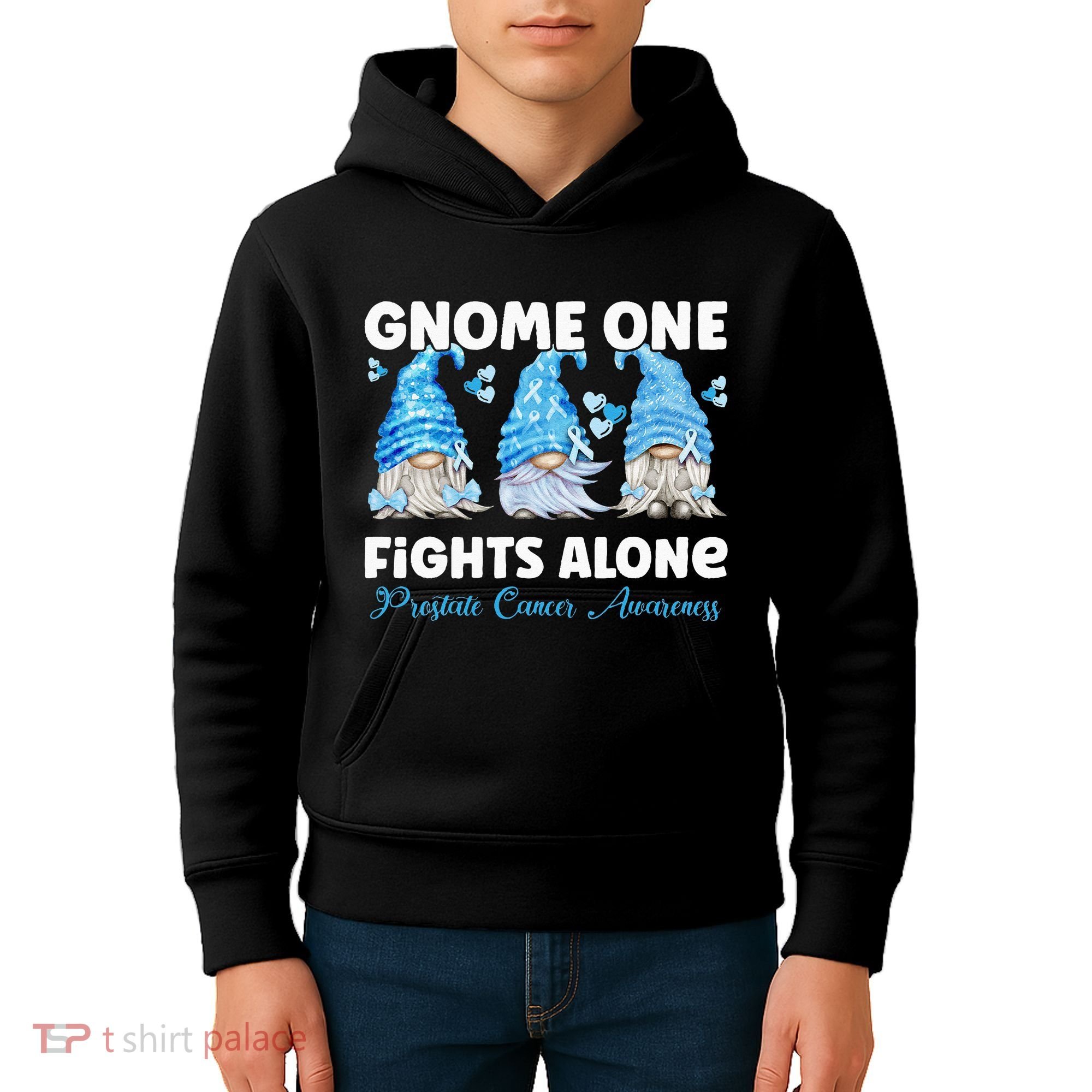 Gnome One Fights Alone Light Blue Prostate Cancer Awareness Kids Hoodie