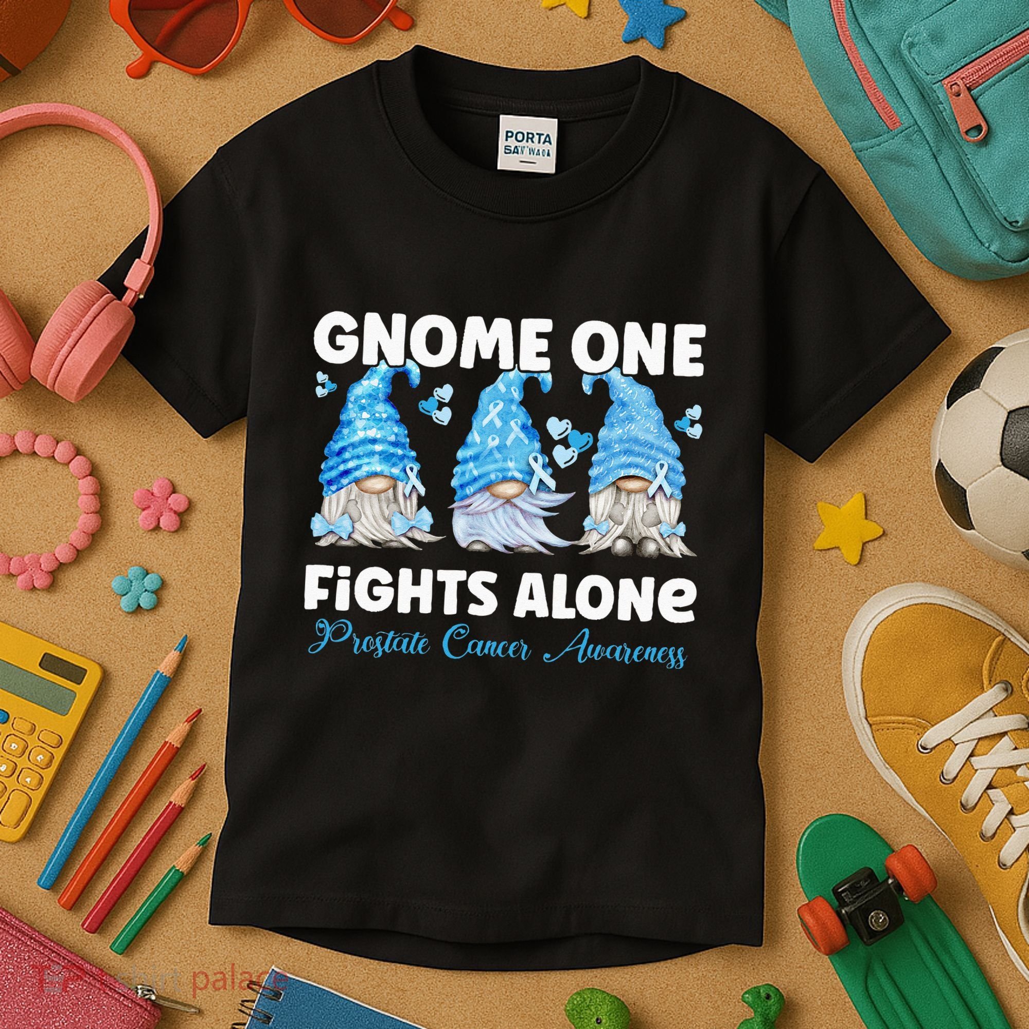 Gnome One Fights Alone Light Blue Prostate Cancer Awareness Kids T-Shirt