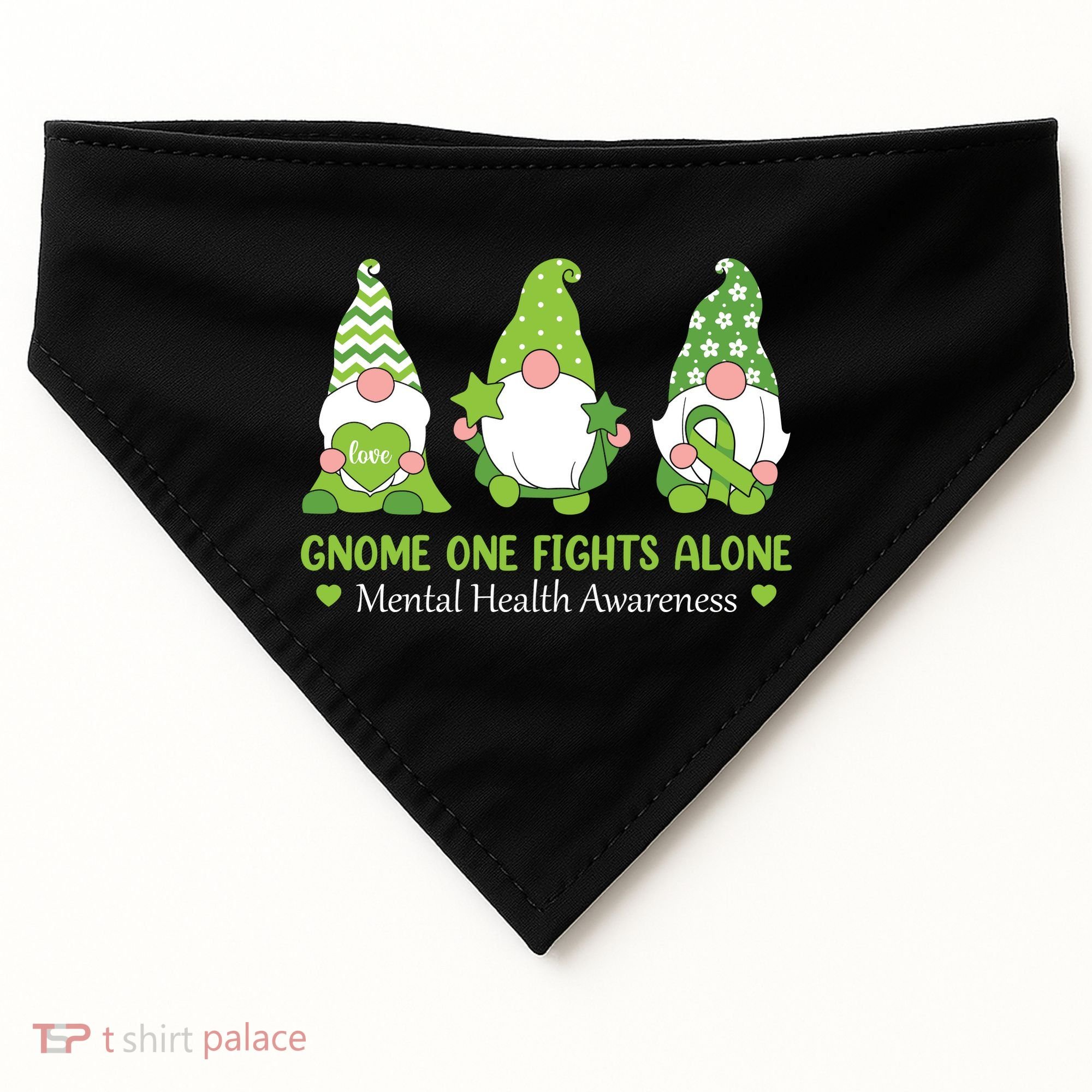 Gnome One Fights Alone Green Mental Health Awareness USA-Made Doggie Bandana