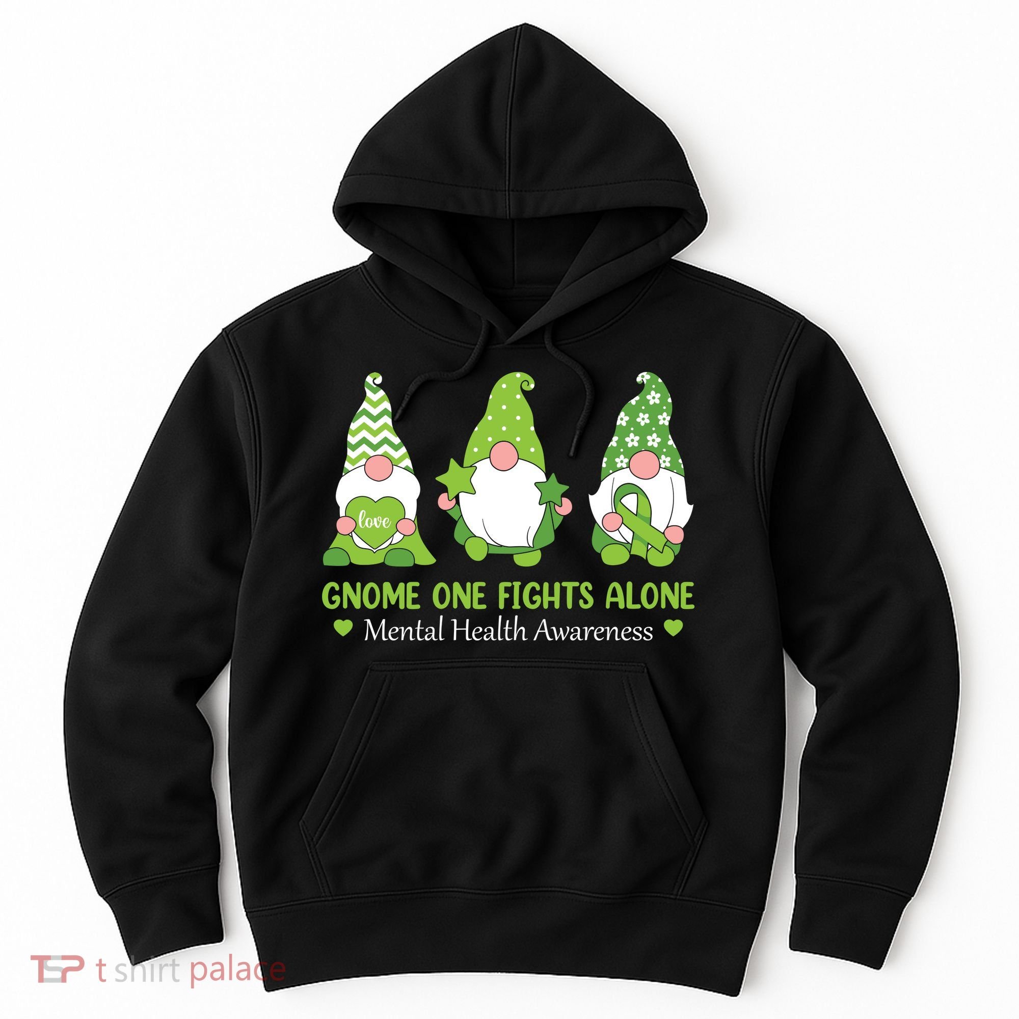 Gnome One Fights Alone Green Mental Health Awareness Hoodie