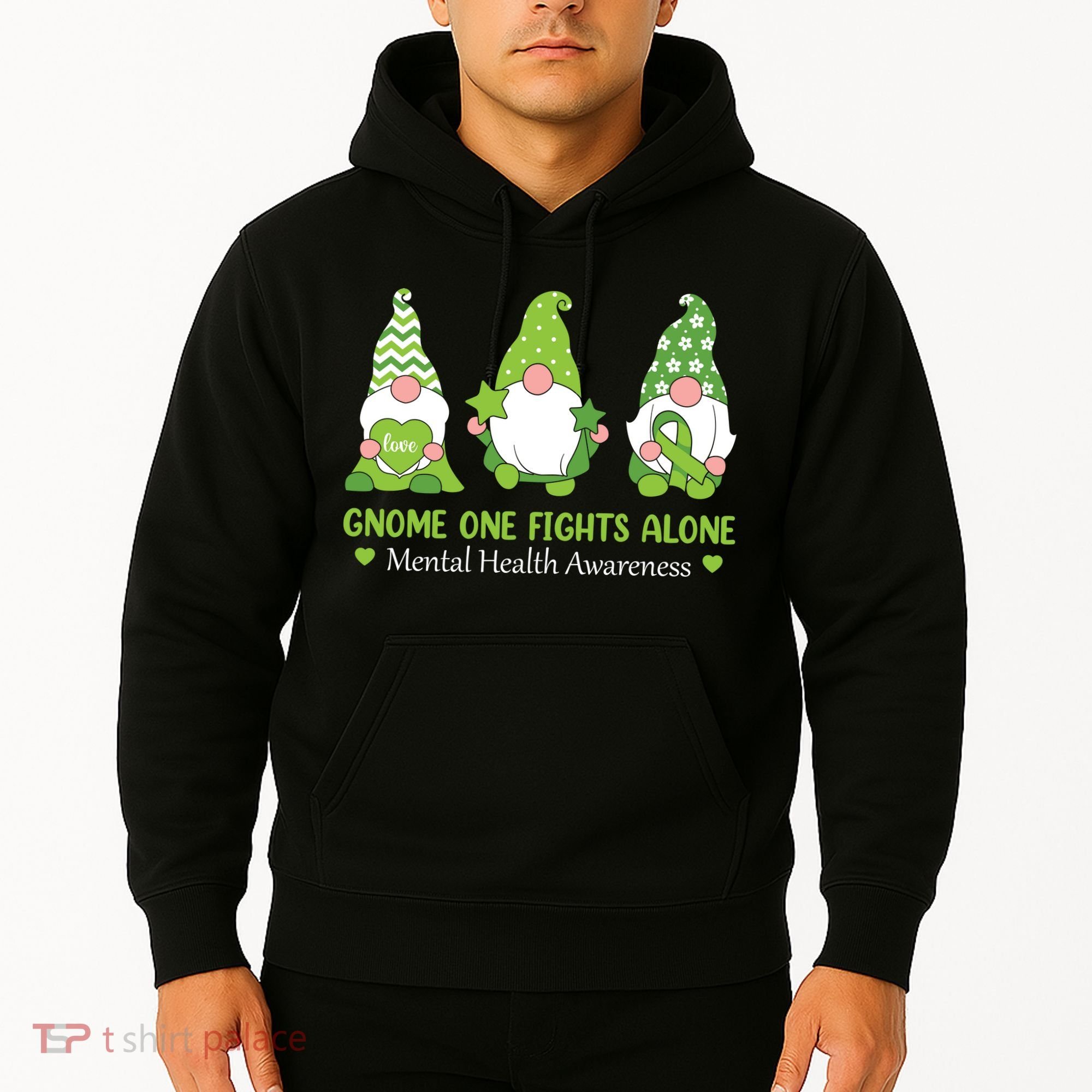Gnome One Fights Alone Green Mental Health Awareness Hoodie