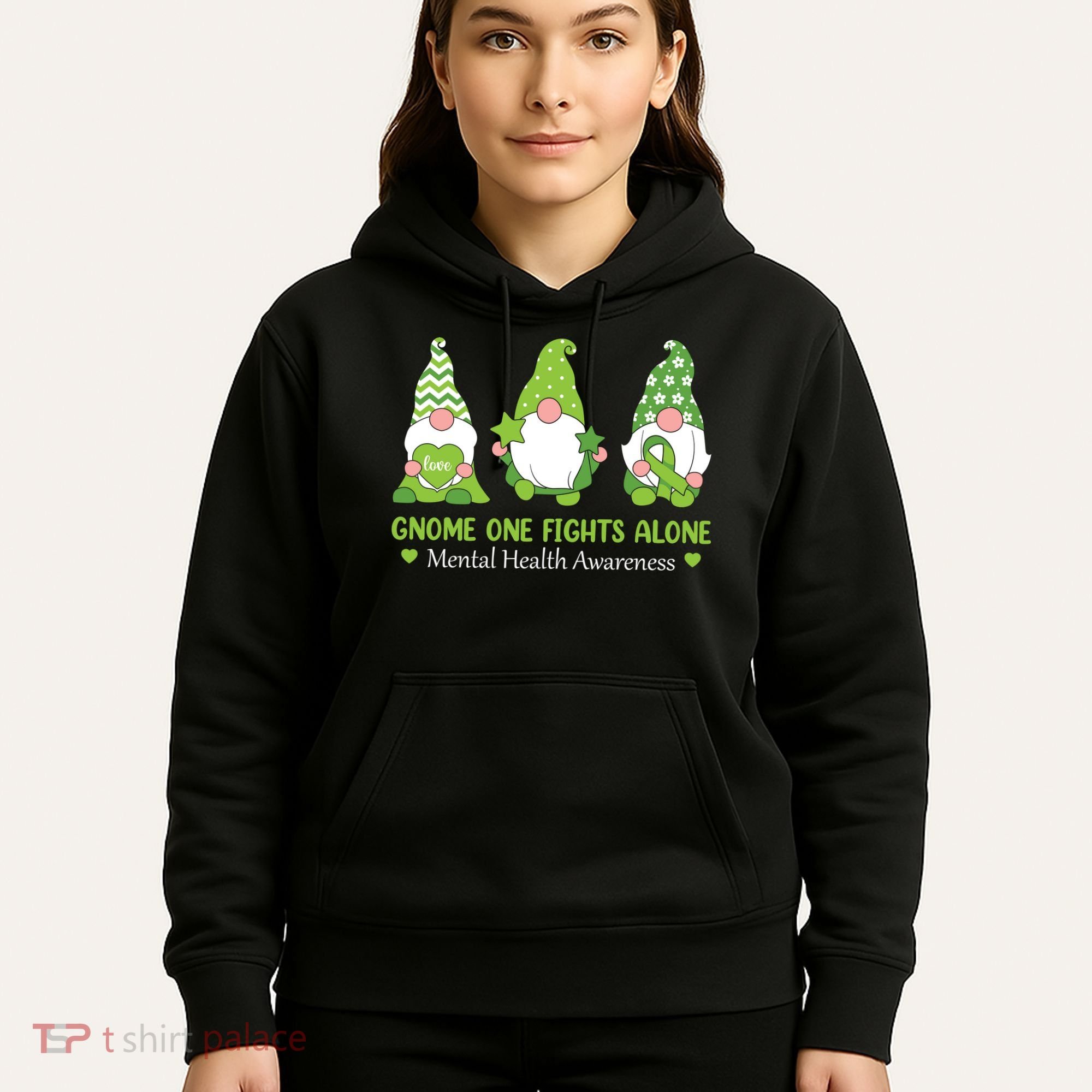 Gnome One Fights Alone Green Mental Health Awareness Hoodie