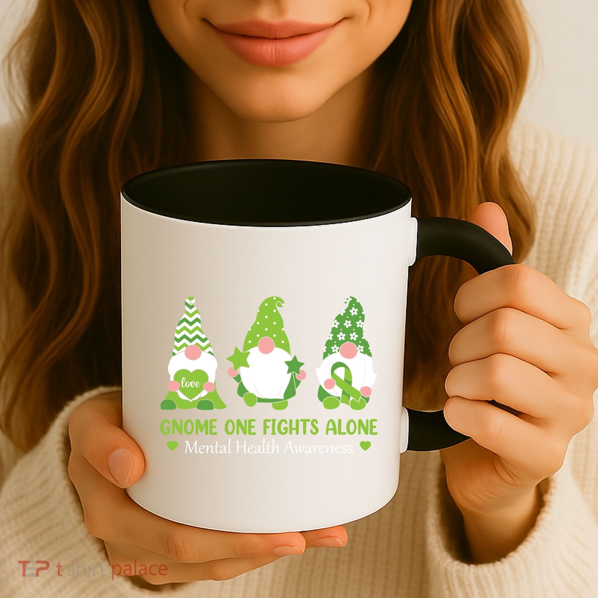 Gnome One Fights Alone Green Mental Health Awareness Coffee Mug