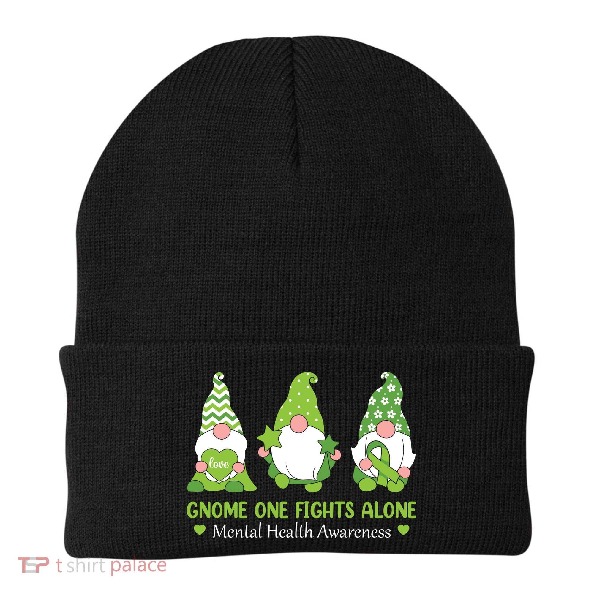 Gnome One Fights Alone Green Mental Health Awareness Beanie
