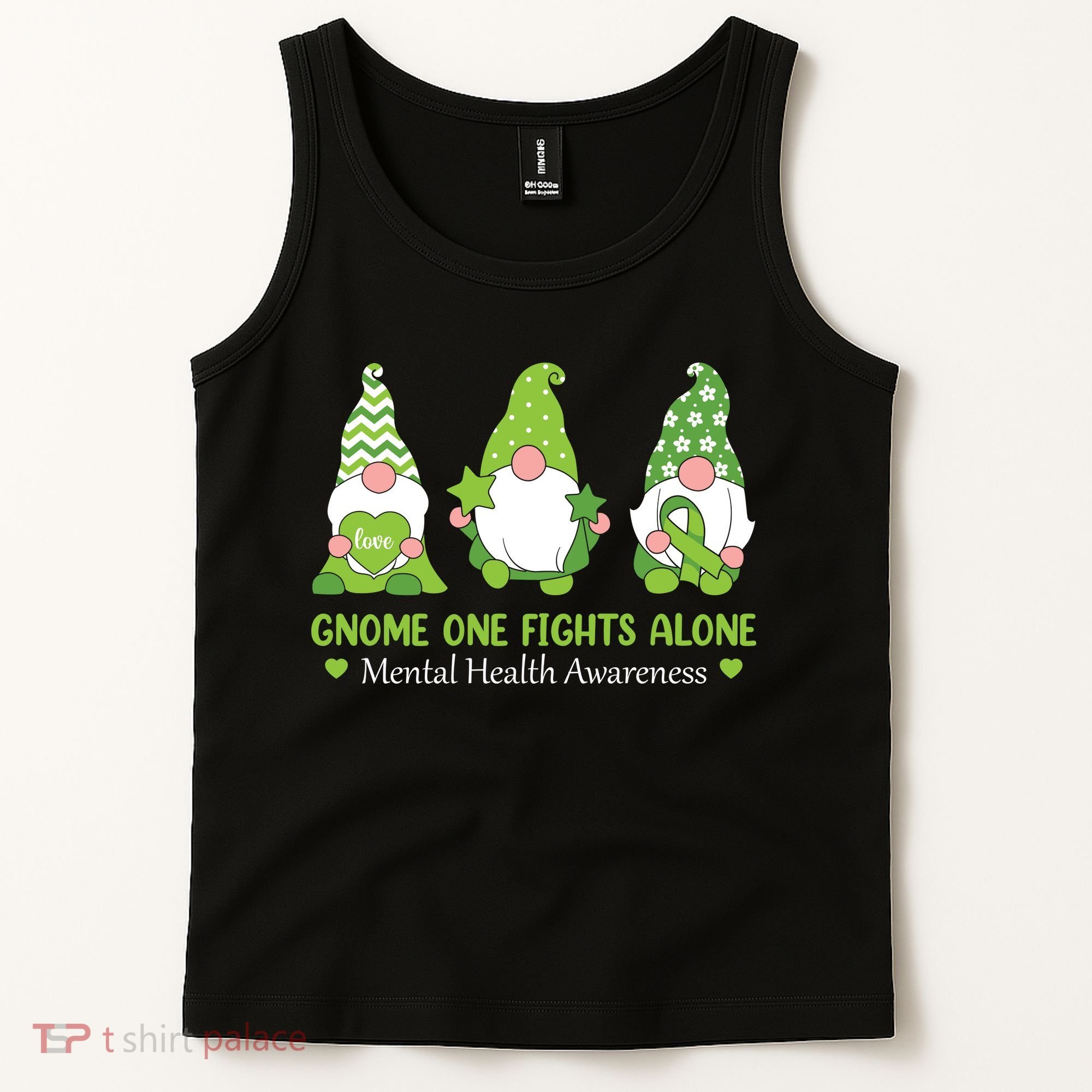 Gnome One Fights Alone Green Mental Health Awareness Tank Top