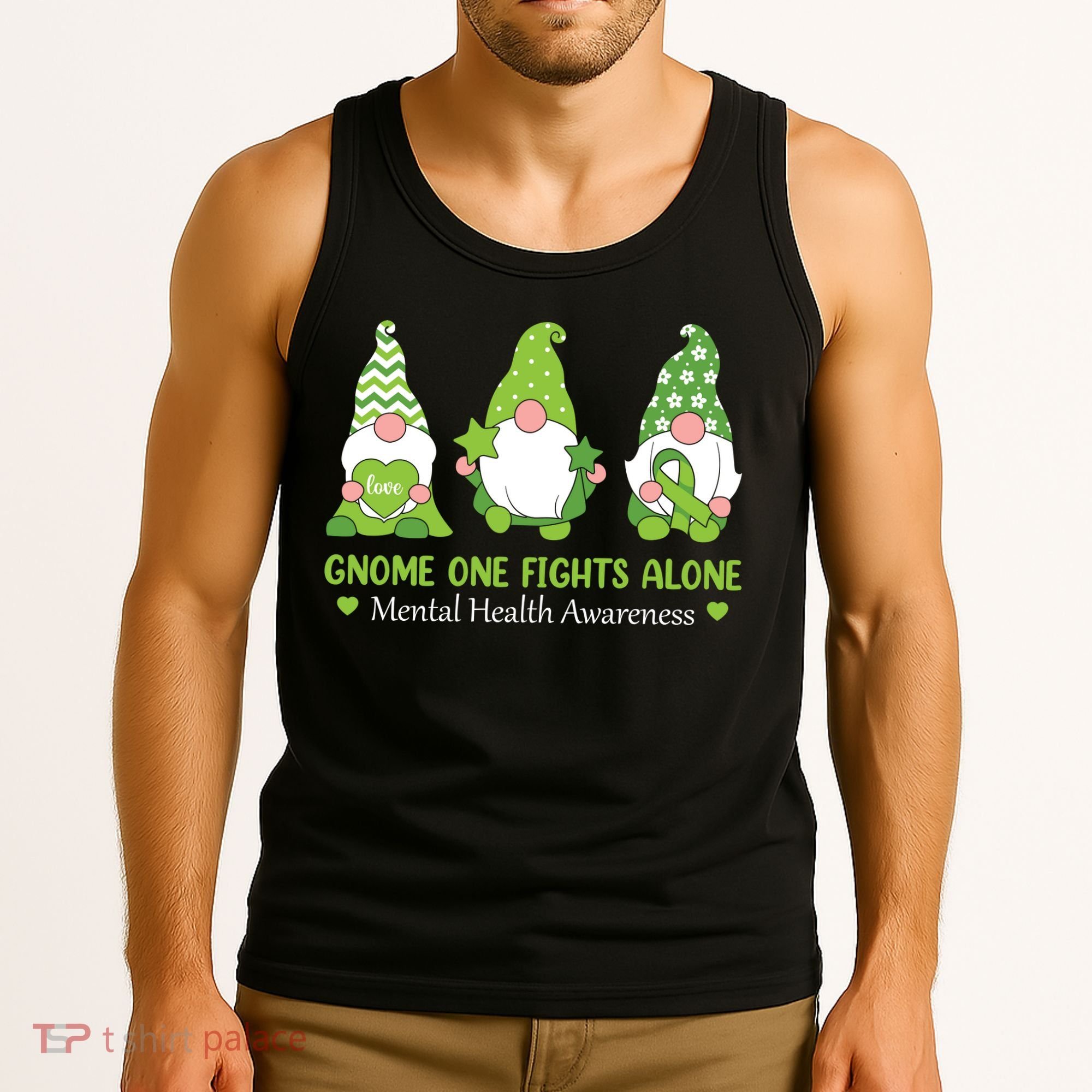Gnome One Fights Alone Green Mental Health Awareness Tank Top