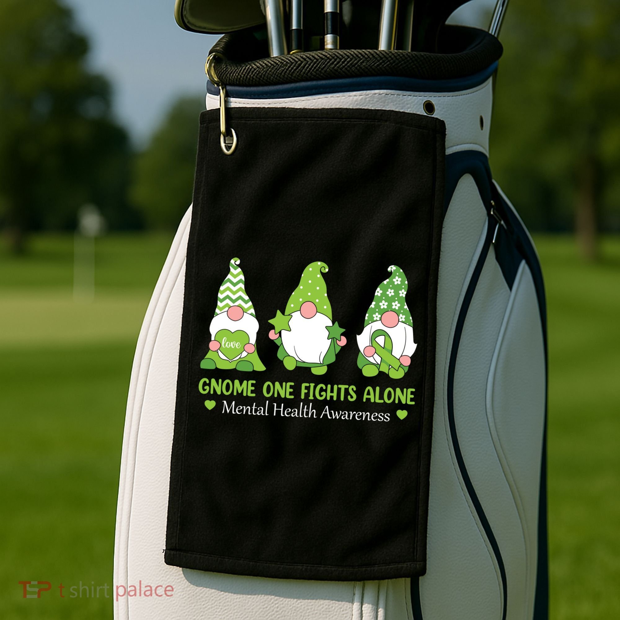 Gnome One Fights Alone Green Mental Health Awareness Golf Towel