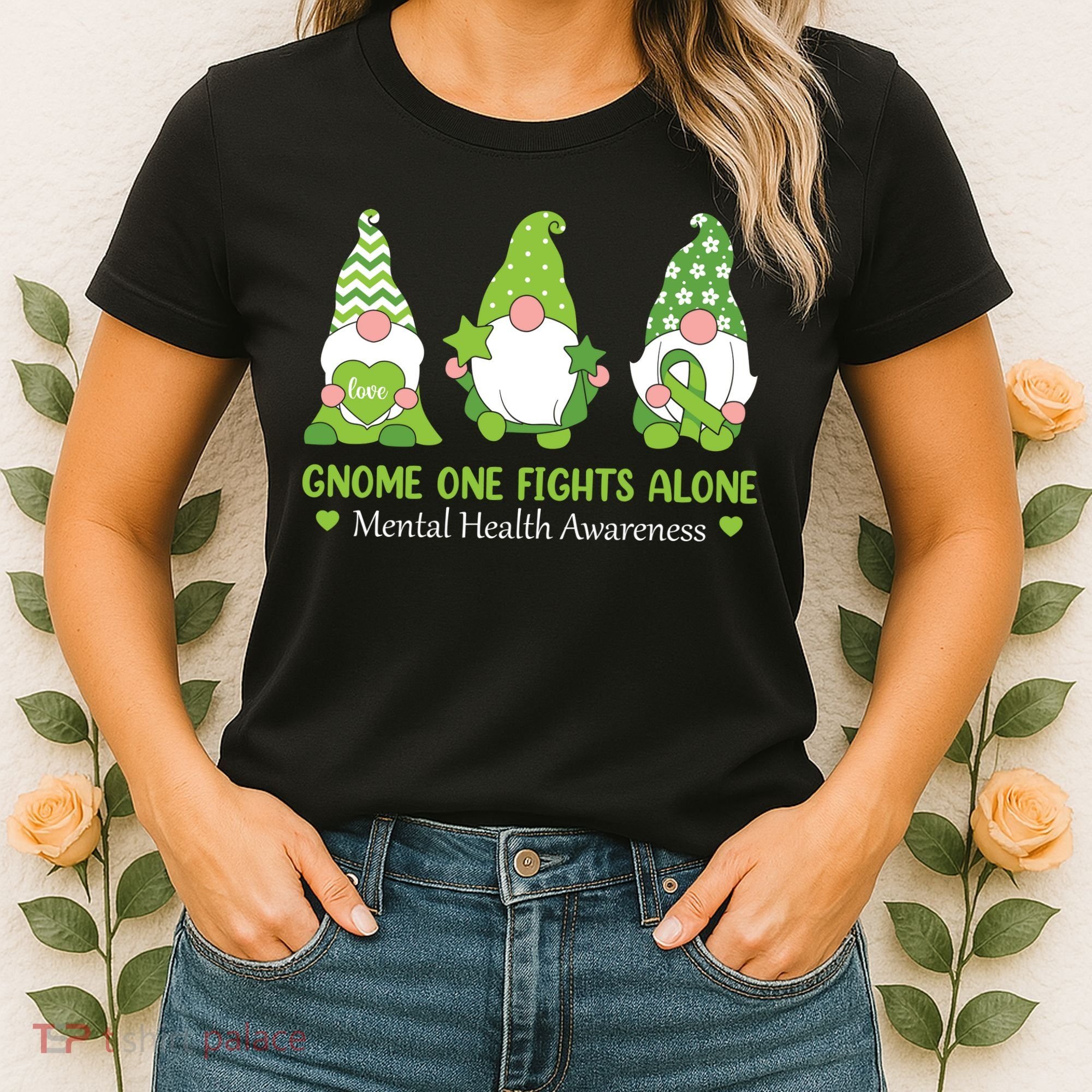 Gnome One Fights Alone Green Mental Health Awareness Women's T-Shirt