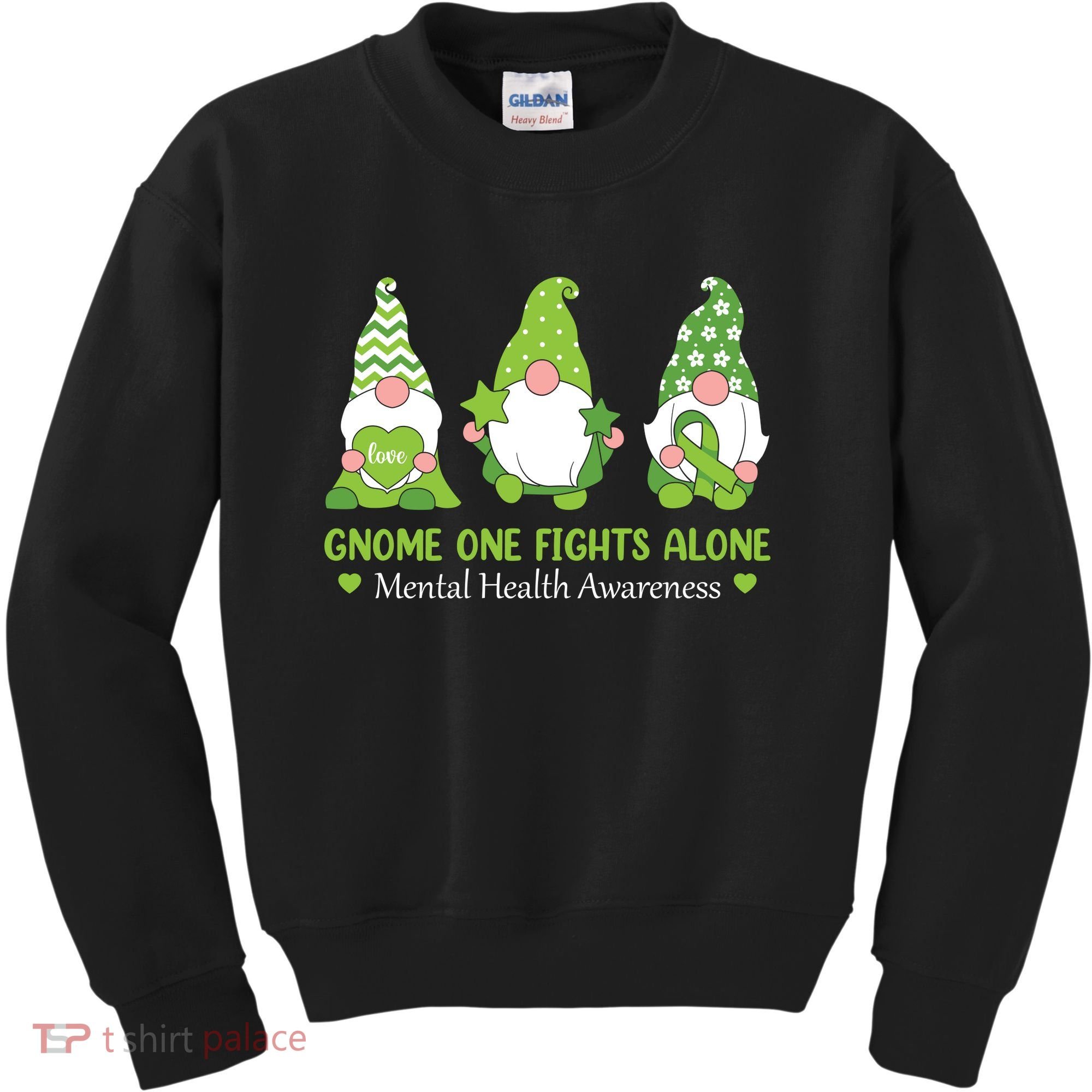 Gnome One Fights Alone Green Mental Health Awareness Kids Sweatshirt