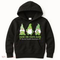 Gnome One Fights Alone Green Mental Health Awareness Kids Hoodie thumb 0