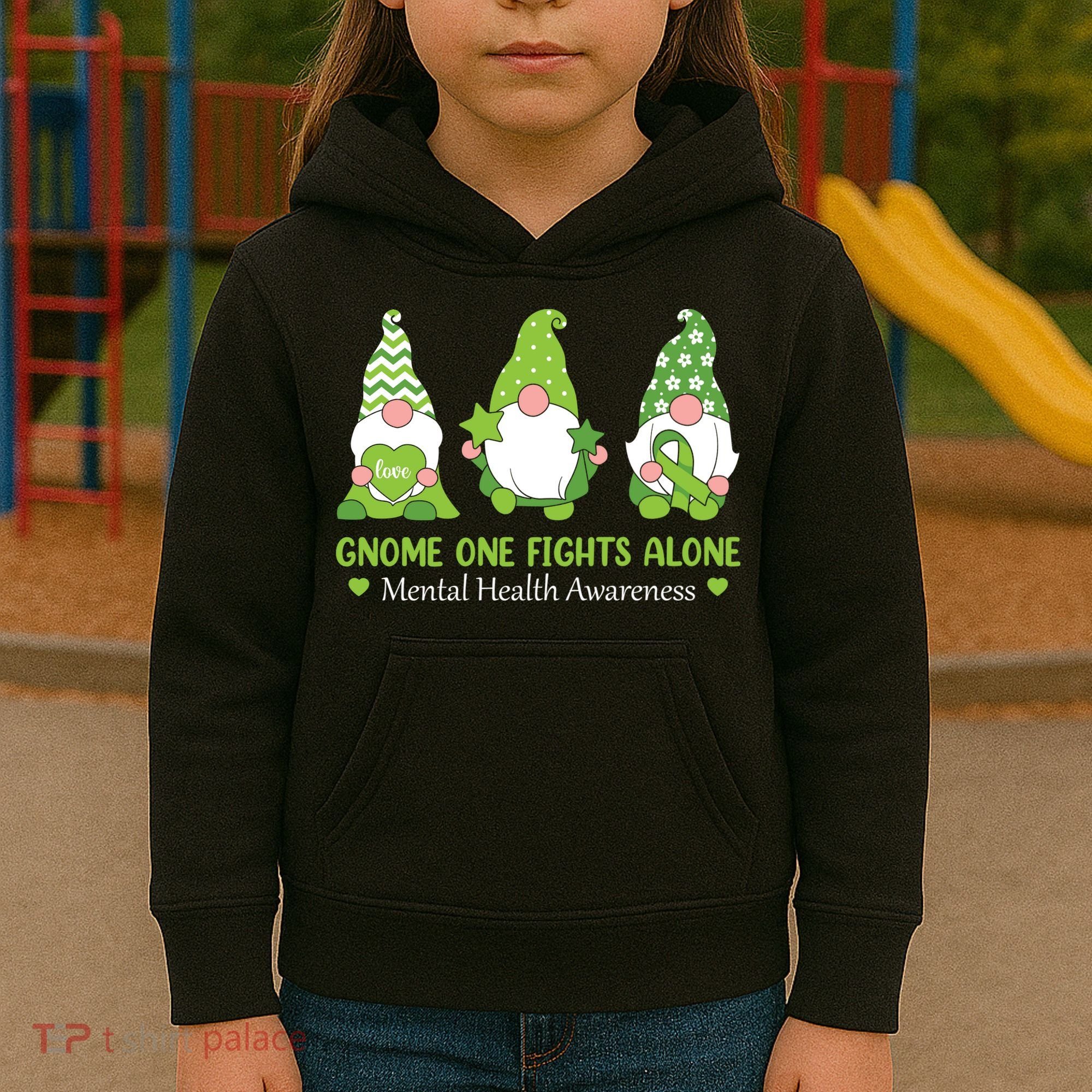 Gnome One Fights Alone Green Mental Health Awareness Kids Hoodie