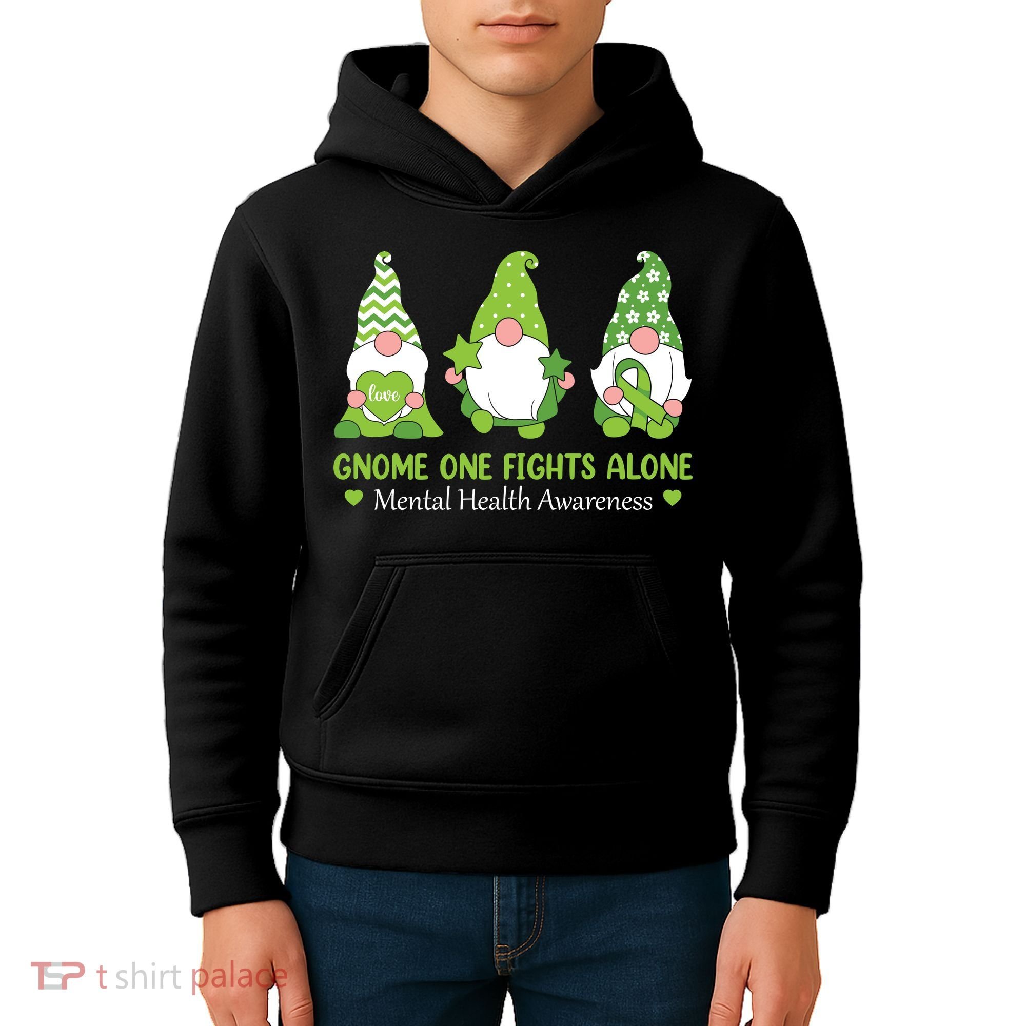 Gnome One Fights Alone Green Mental Health Awareness Kids Hoodie