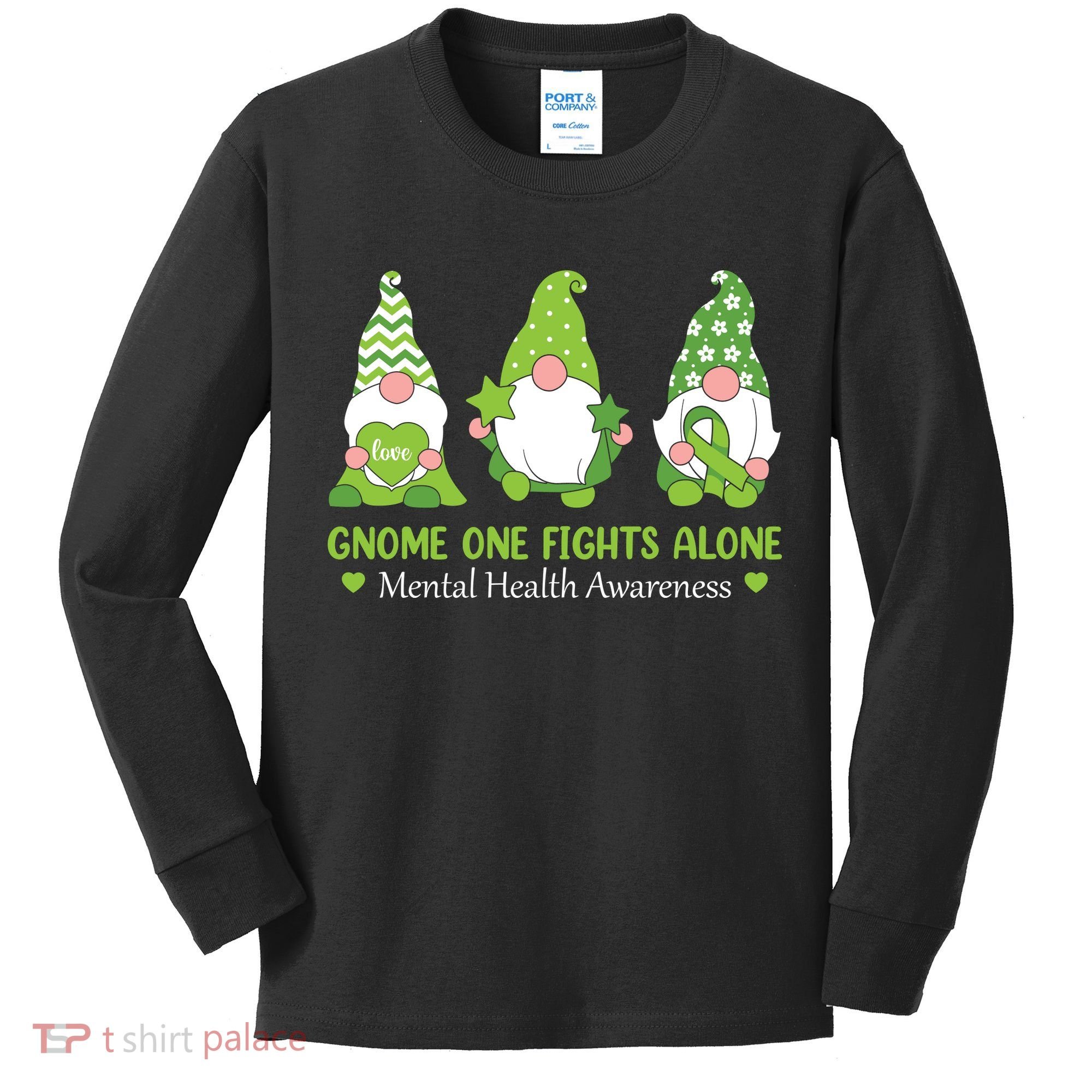 Gnome One Fights Alone Green Mental Health Awareness Kids Long Sleeve Shirt