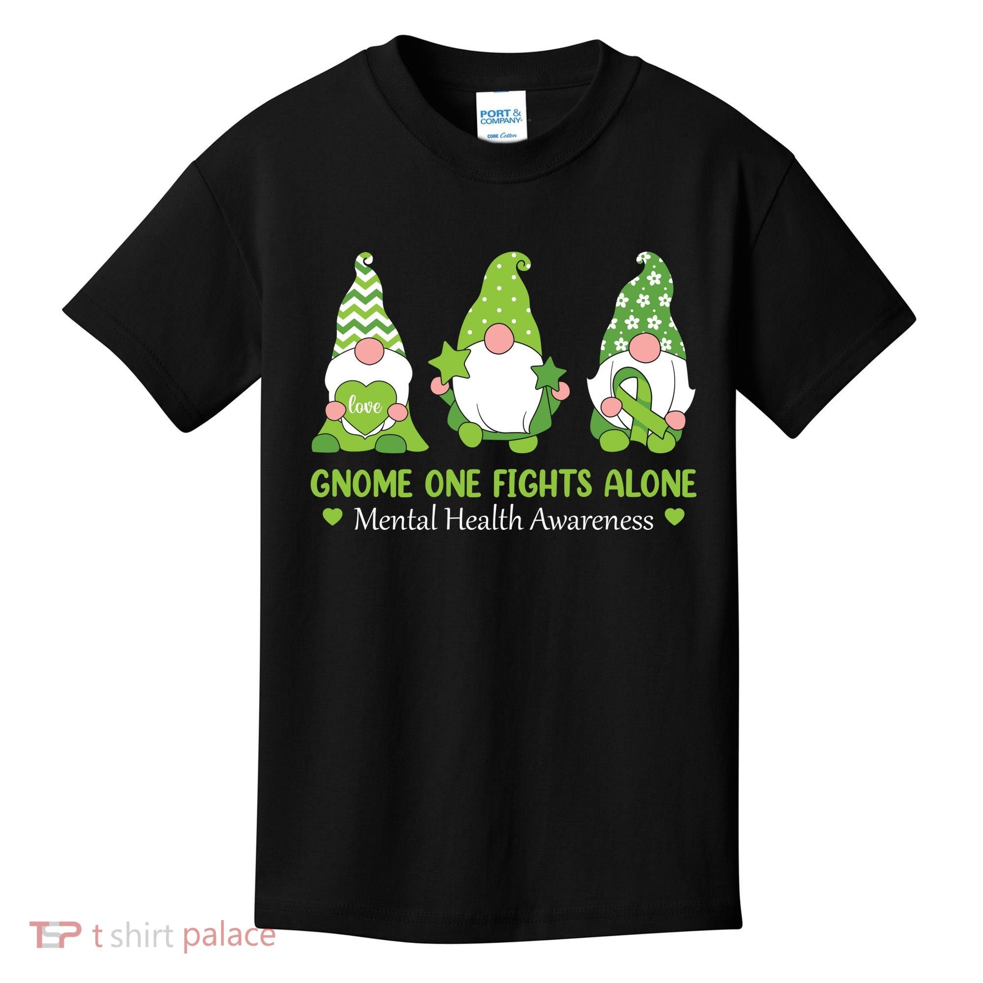 Gnome One Fights Alone Green Mental Health Awareness Kids T-Shirt