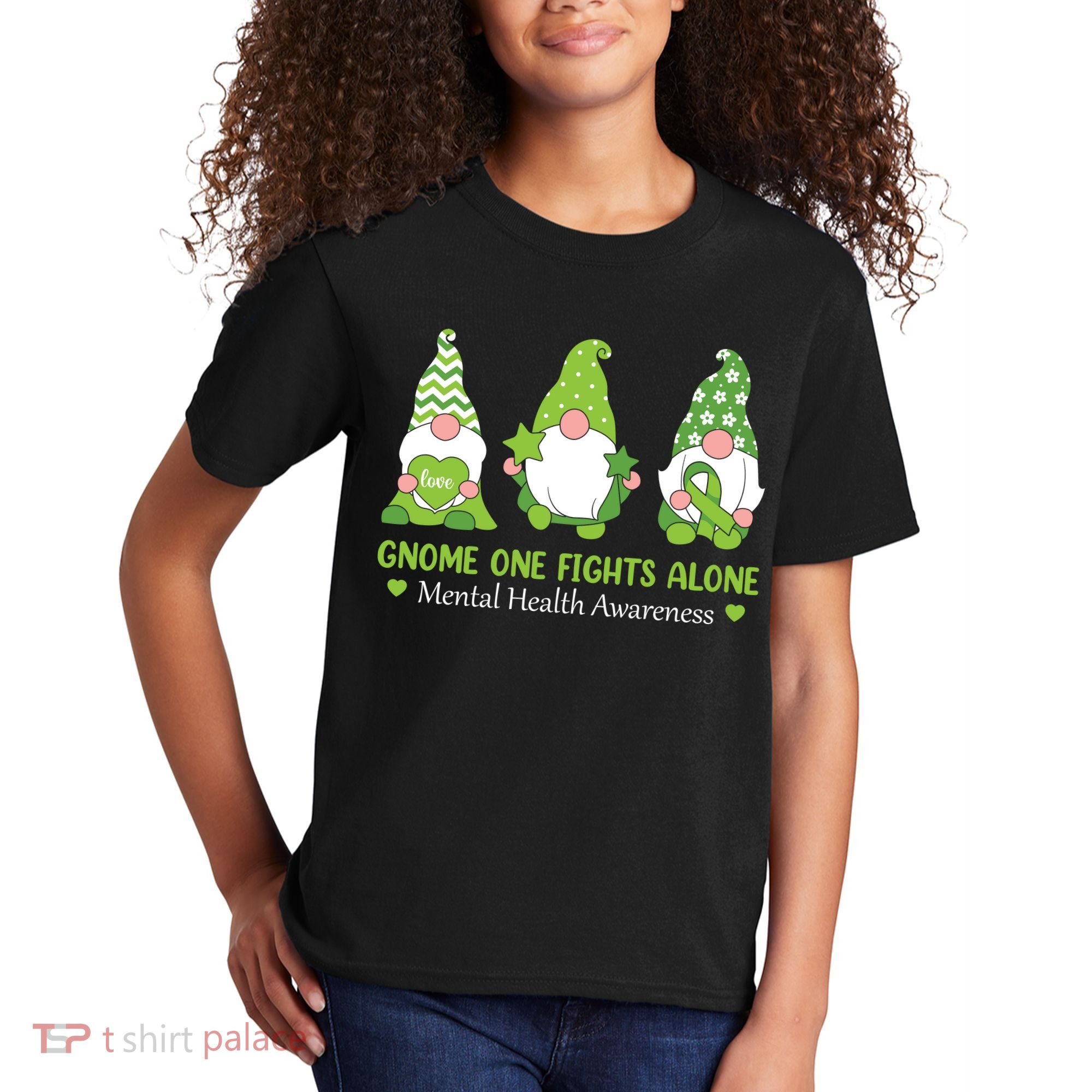 Gnome One Fights Alone Green Mental Health Awareness Kids T-Shirt