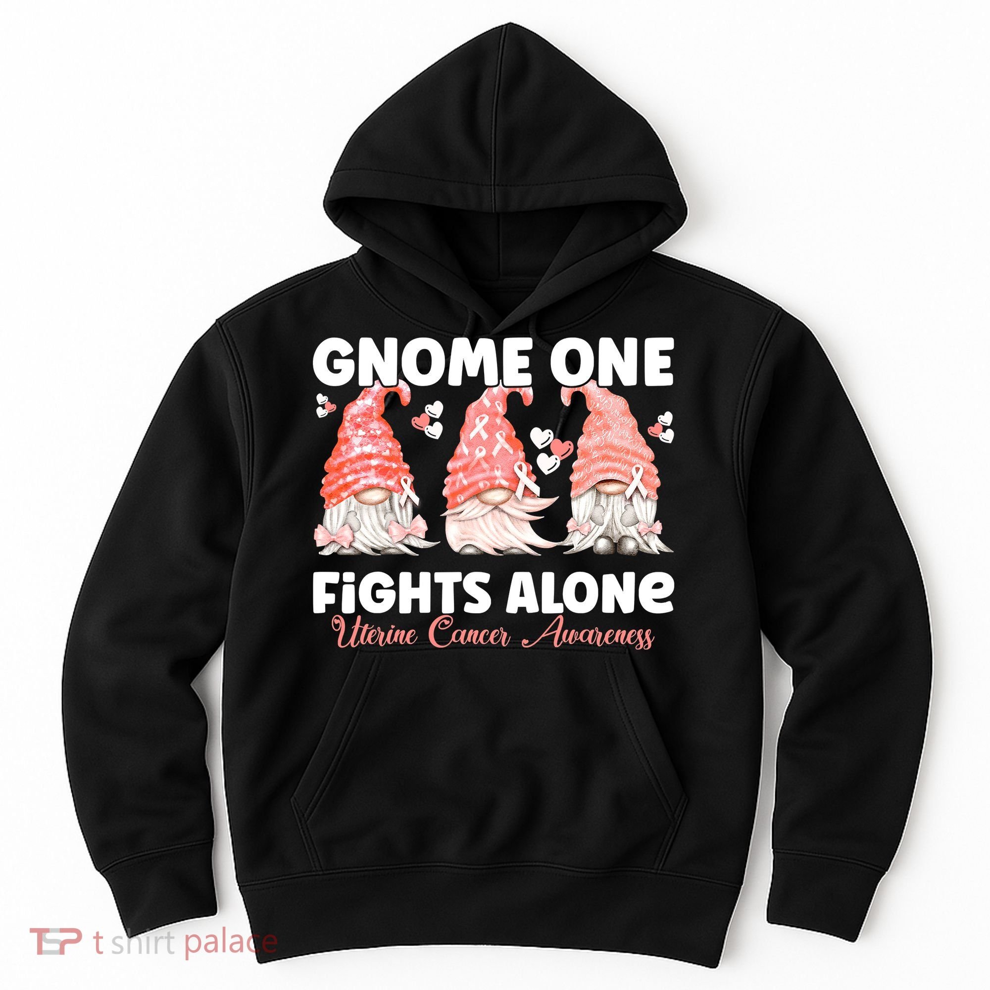 Gnome One Fights Alone Peach Uterine Cancer Awareness Hoodie