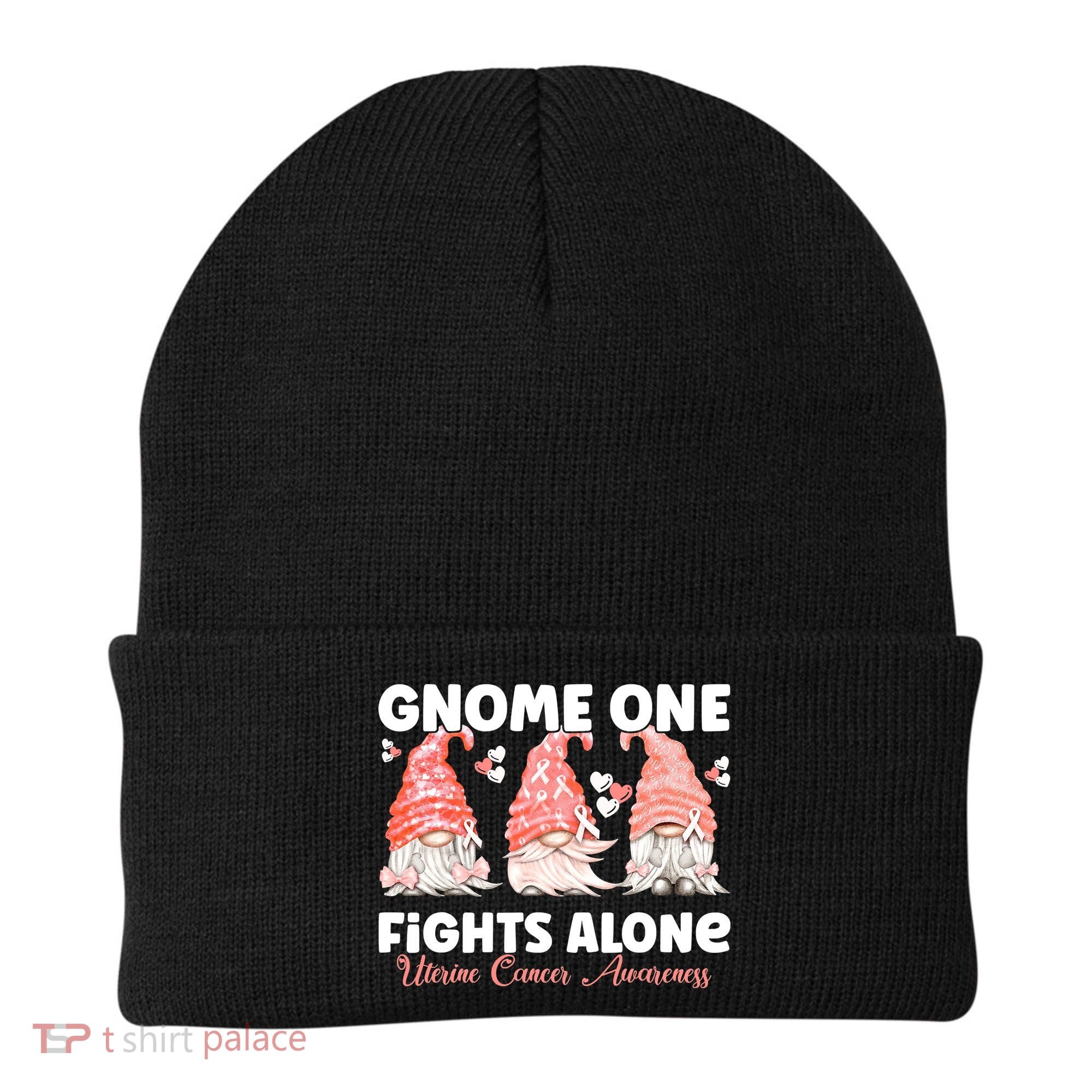 Gnome One Fights Alone Peach Uterine Cancer Awareness Beanie