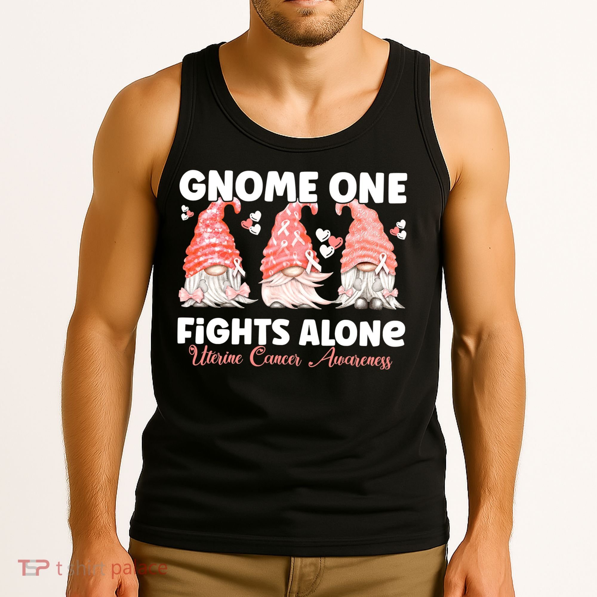 Gnome One Fights Alone Peach Uterine Cancer Awareness Tank Top