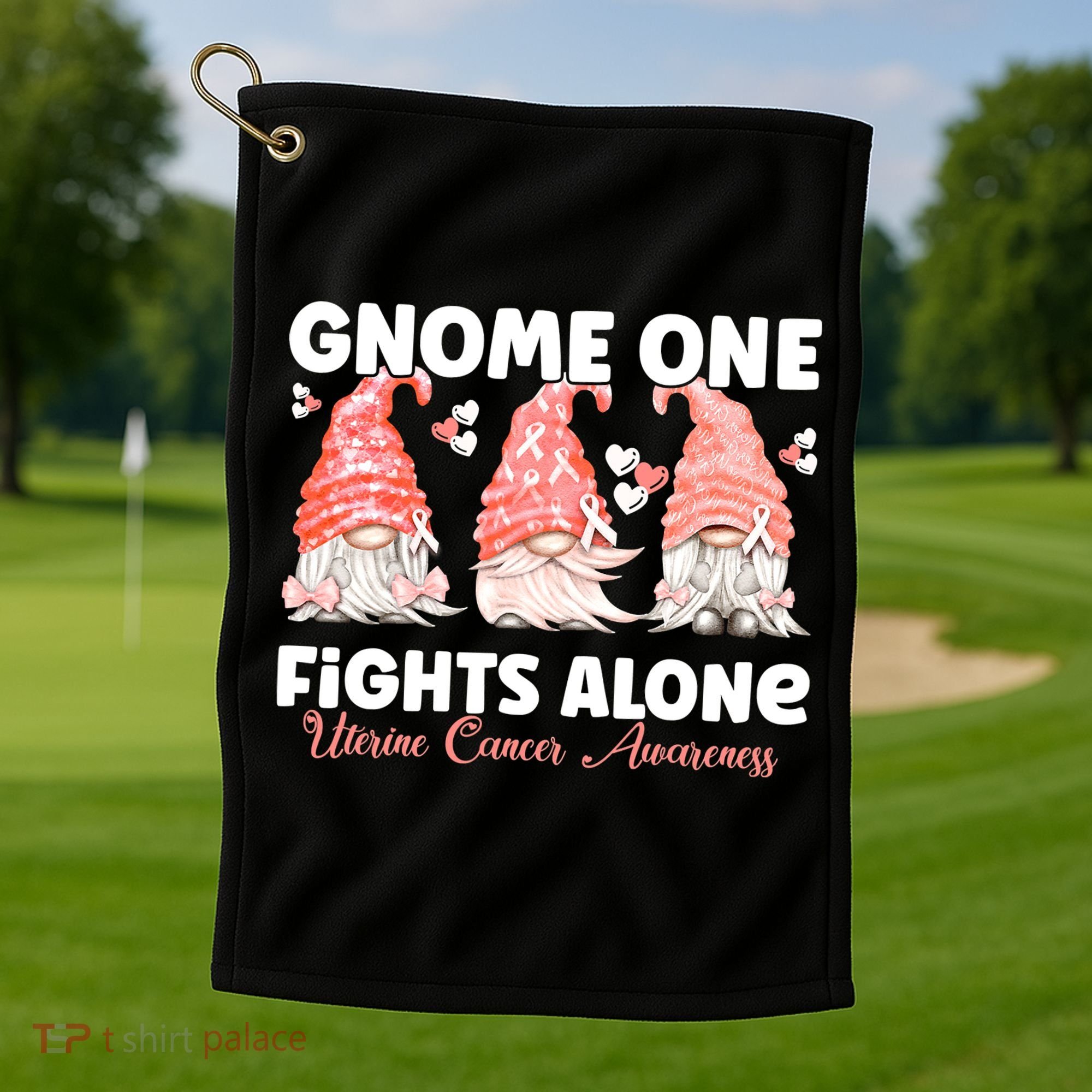 Gnome One Fights Alone Peach Uterine Cancer Awareness Golf Towel