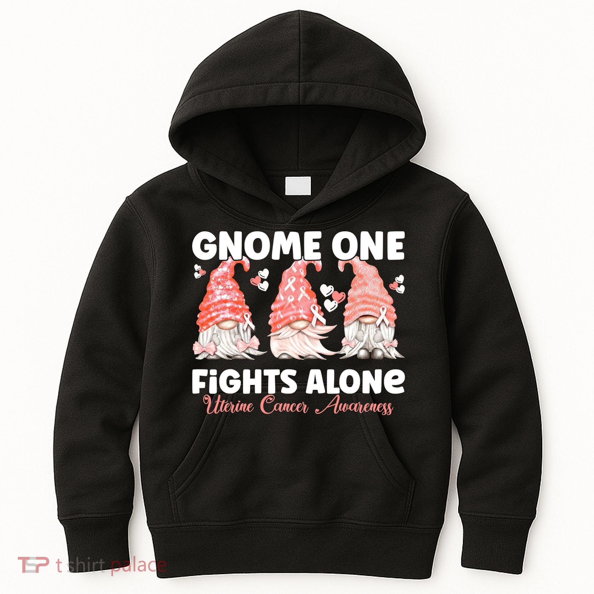 Gnome One Fights Alone Peach Uterine Cancer Awareness Kids Hoodie