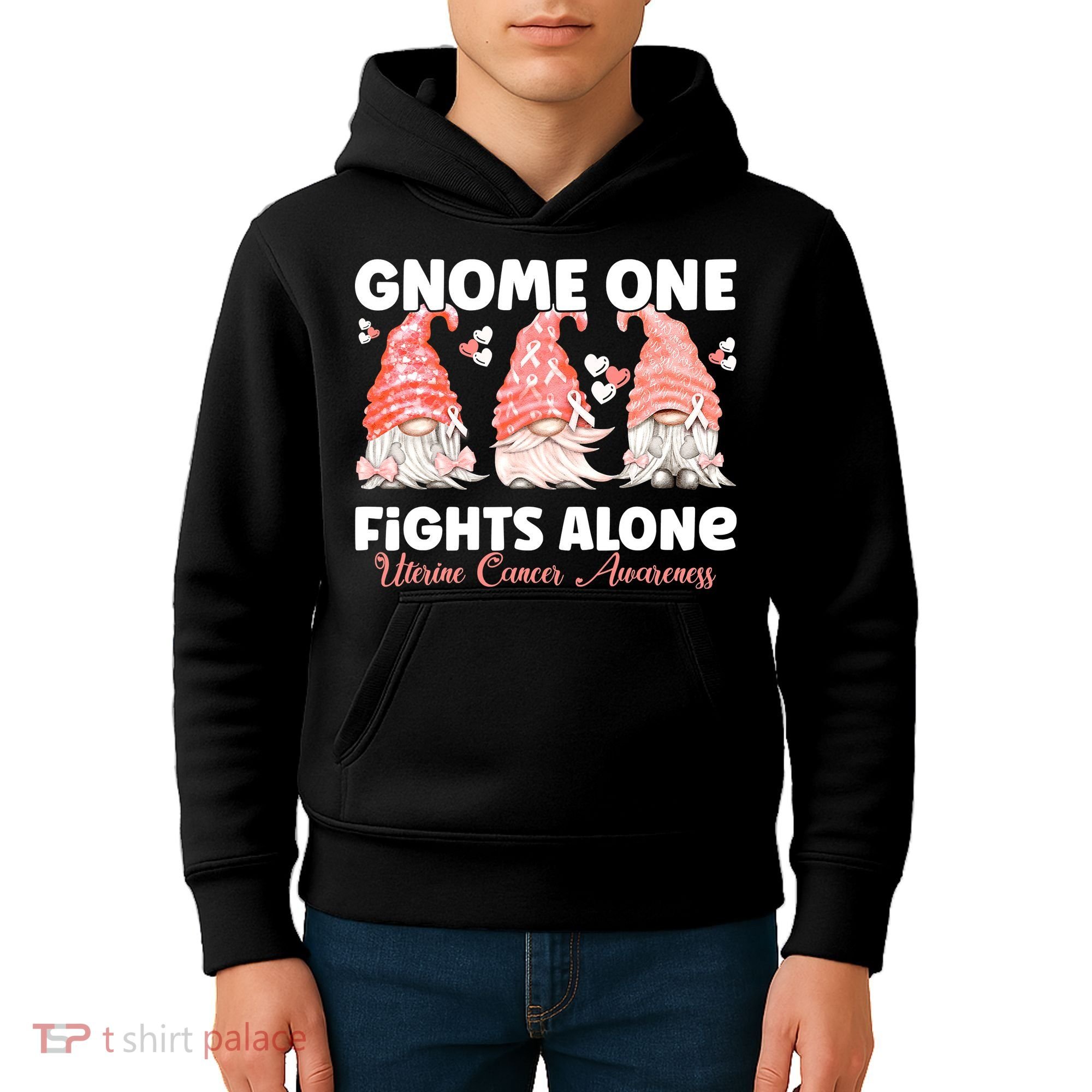 Gnome One Fights Alone Peach Uterine Cancer Awareness Kids Hoodie