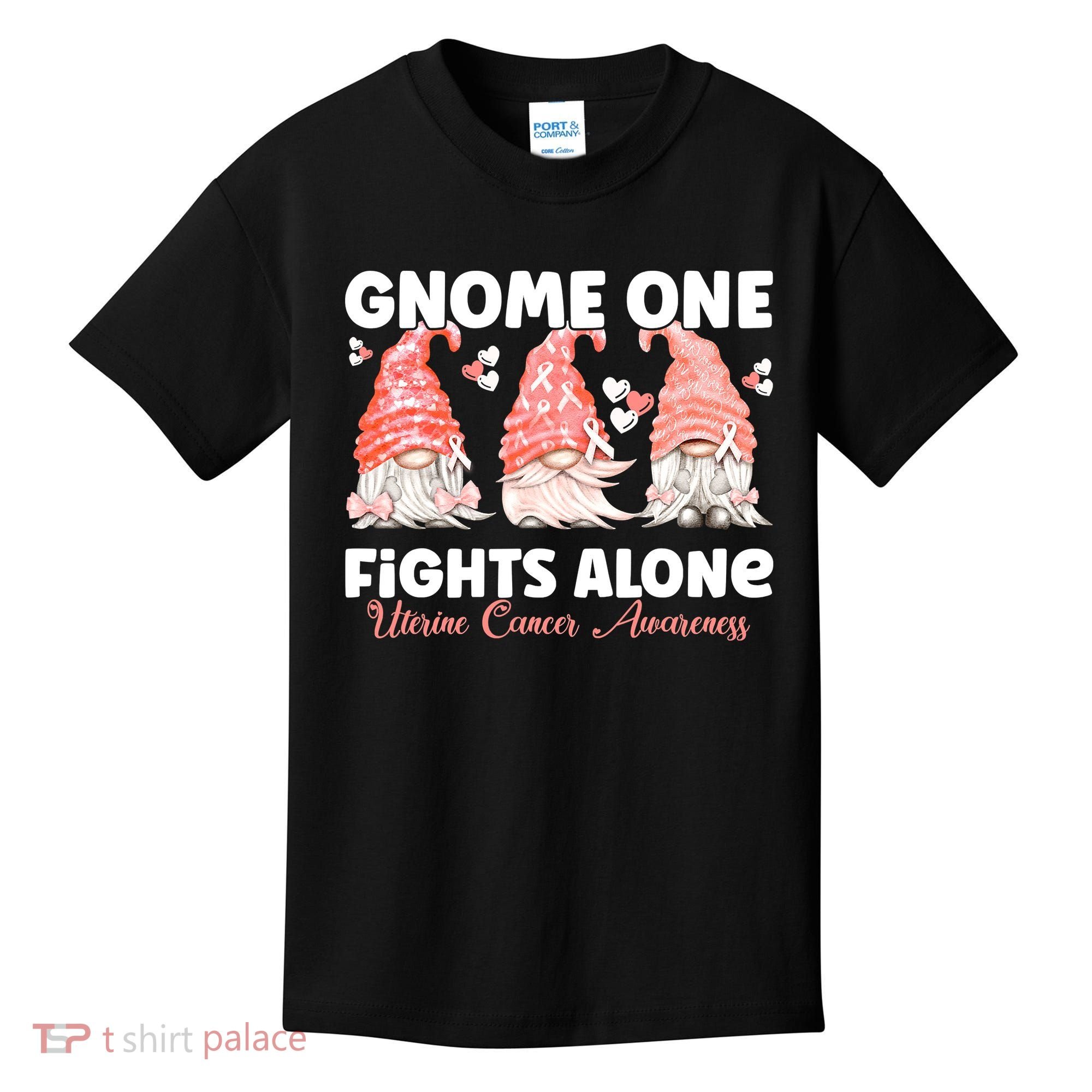 Gnome One Fights Alone Peach Uterine Cancer Awareness Kids T-Shirt