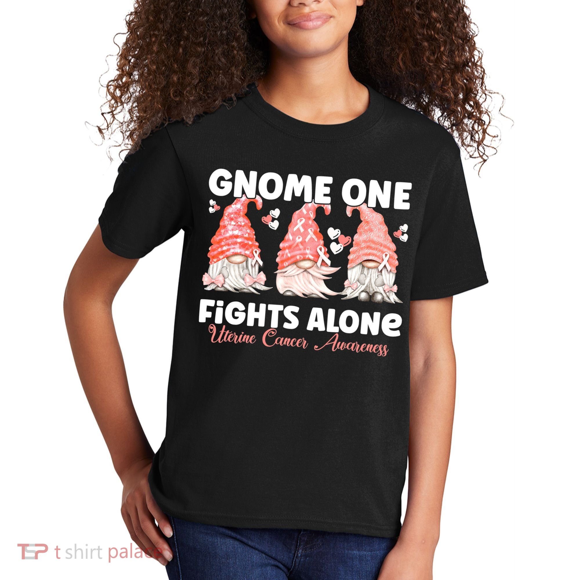 Gnome One Fights Alone Peach Uterine Cancer Awareness Kids T-Shirt