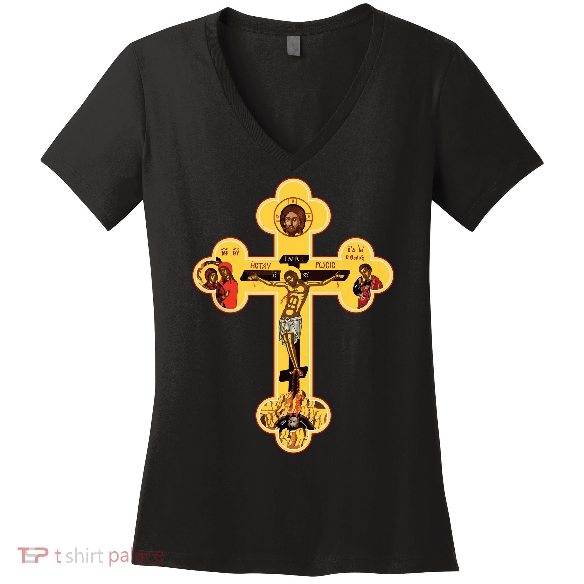 Greek Orthodox Jesus Christ Cross Icon Women's V-Neck T-Shirt