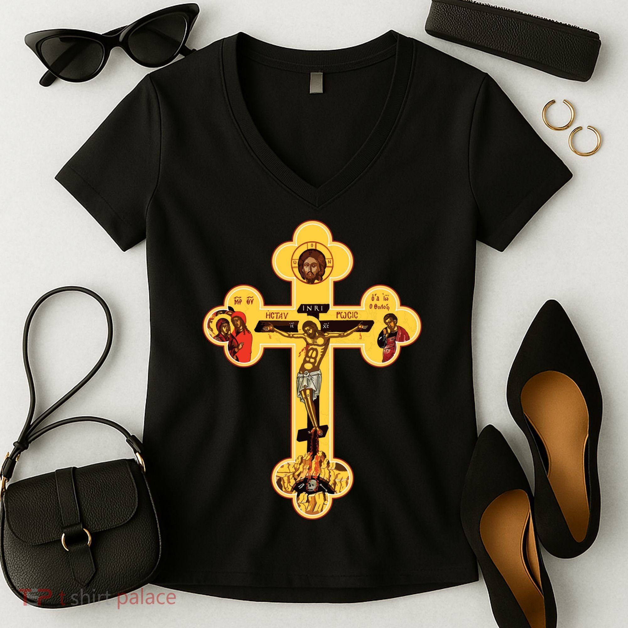 Greek Orthodox Jesus Christ Cross Icon Women's V-Neck T-Shirt