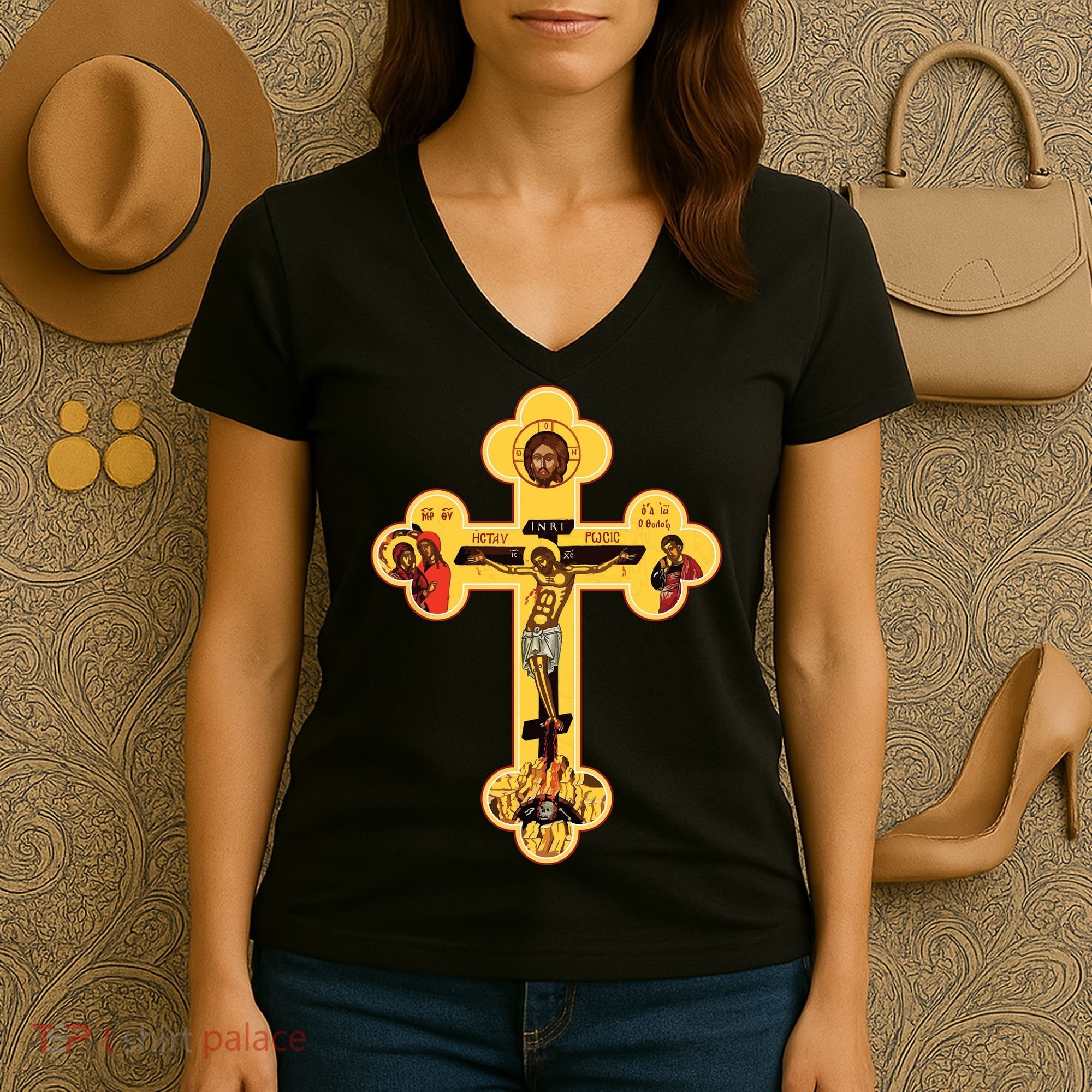 Greek Orthodox Jesus Christ Cross Icon Women's V-Neck T-Shirt