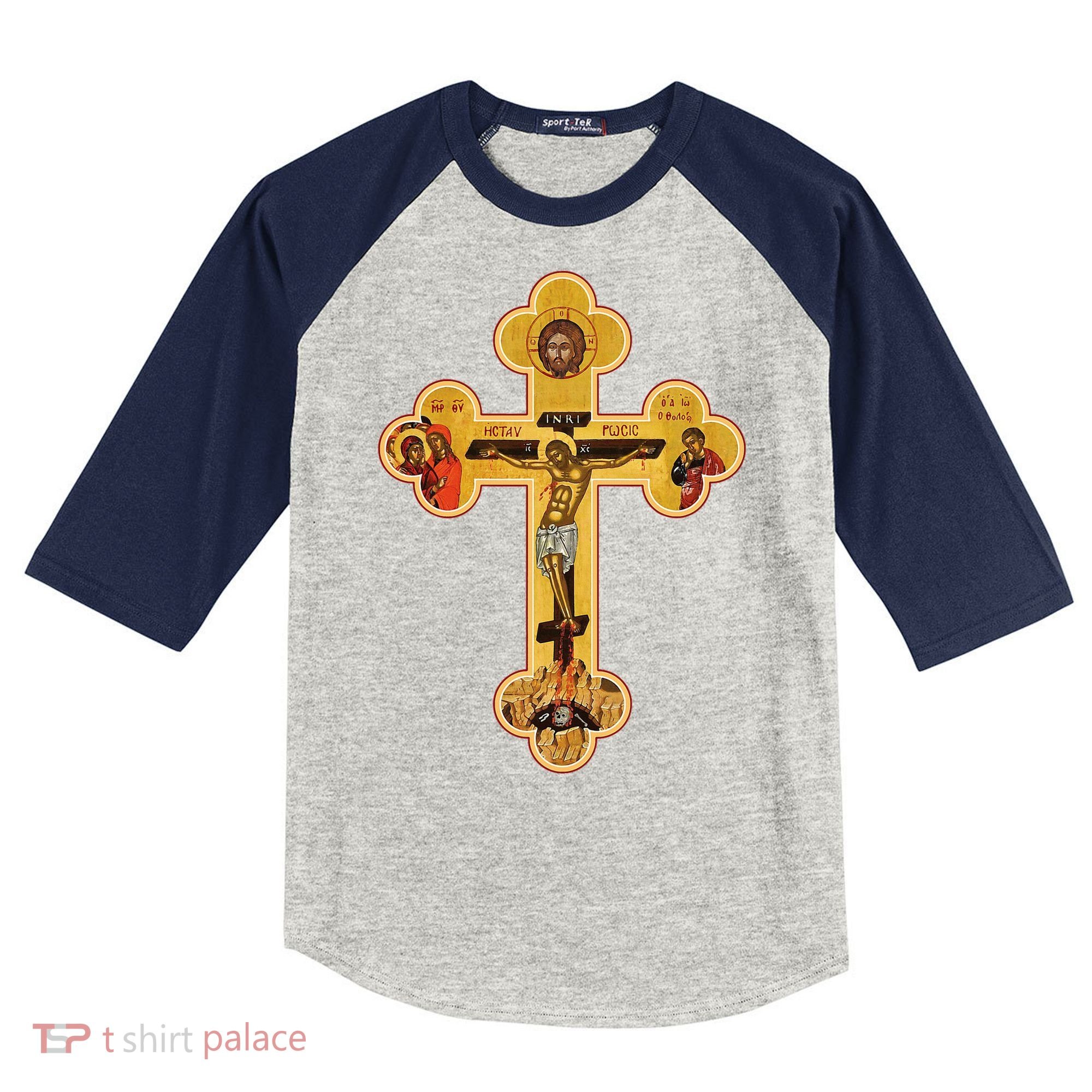 Greek Orthodox Jesus Christ Cross Icon Kids Colorblock Raglan Jersey