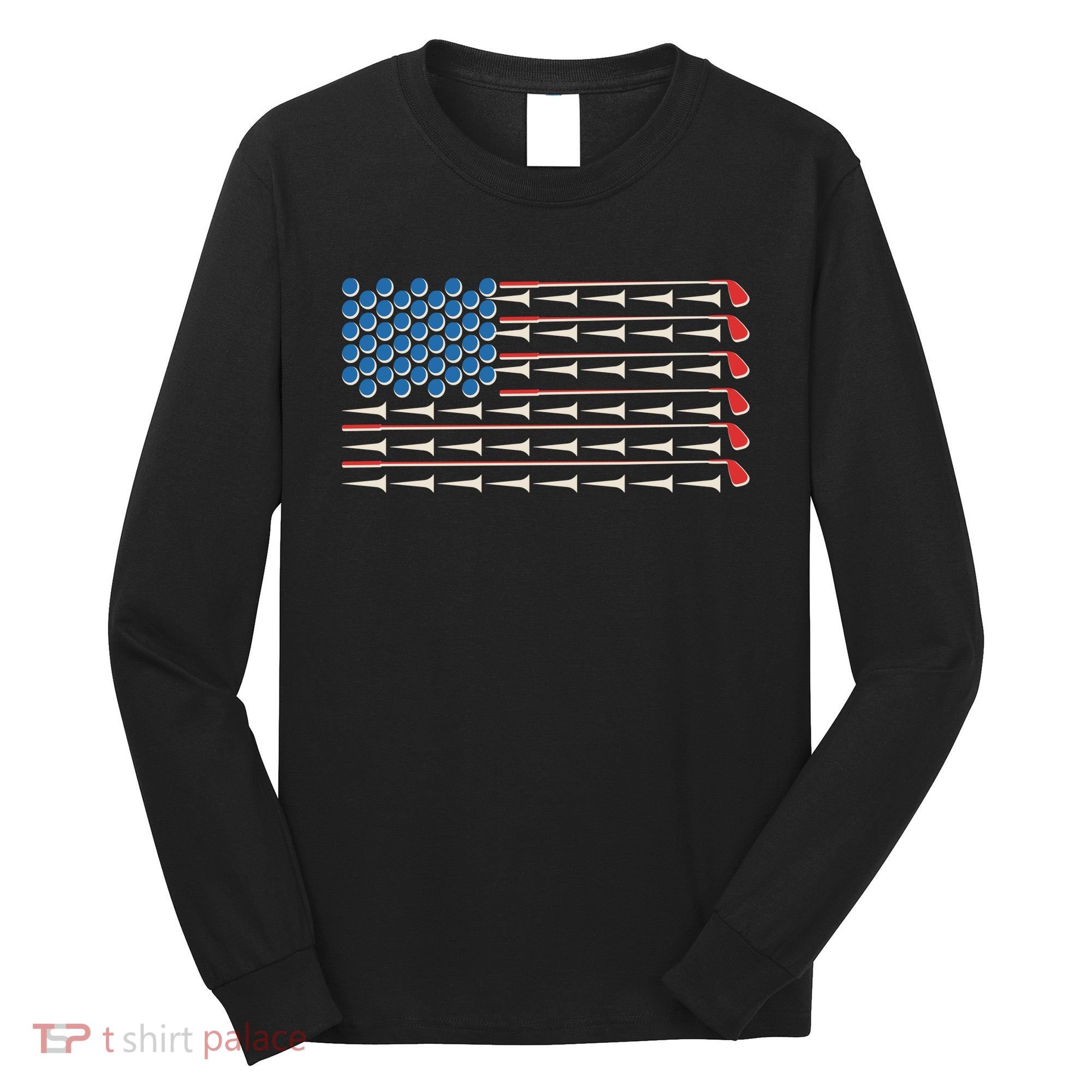 Golf Balls Tees Clubs USA American Flag Long Sleeve Shirt