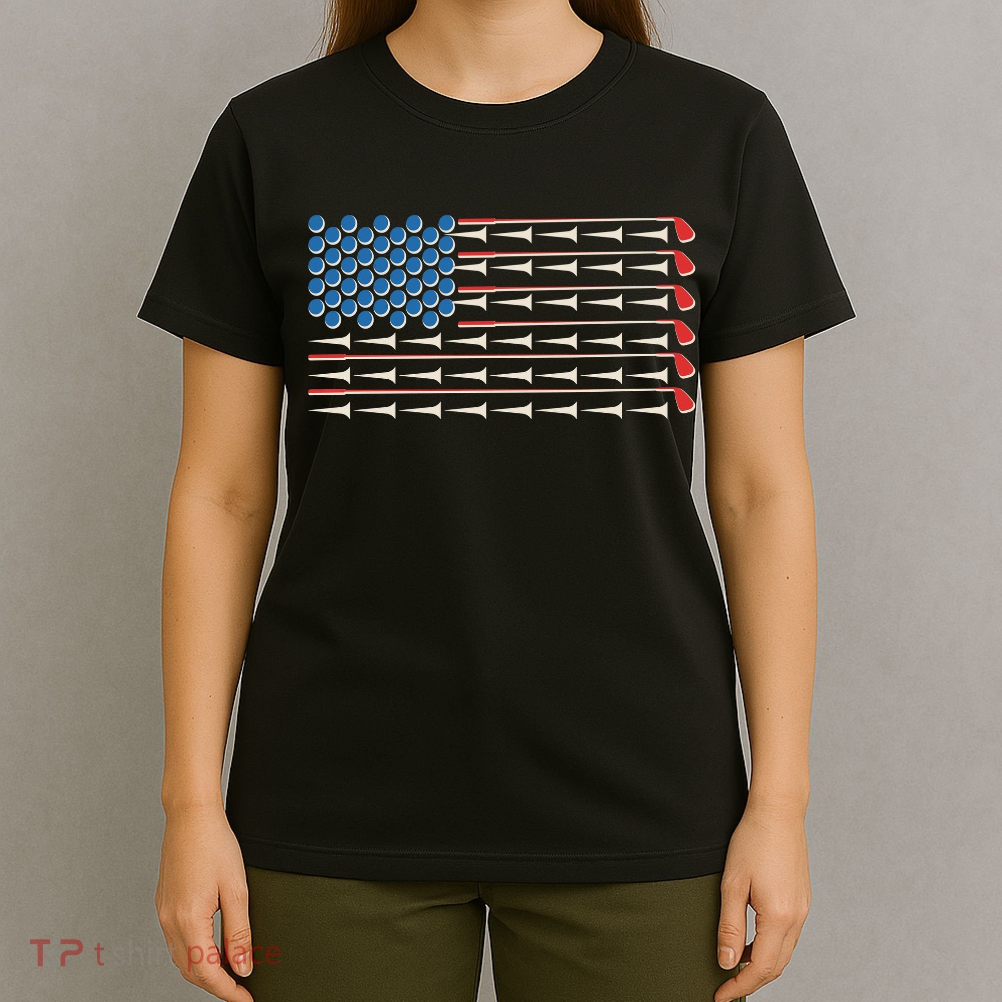 Golf Balls Tees Clubs USA American Flag T-Shirt
