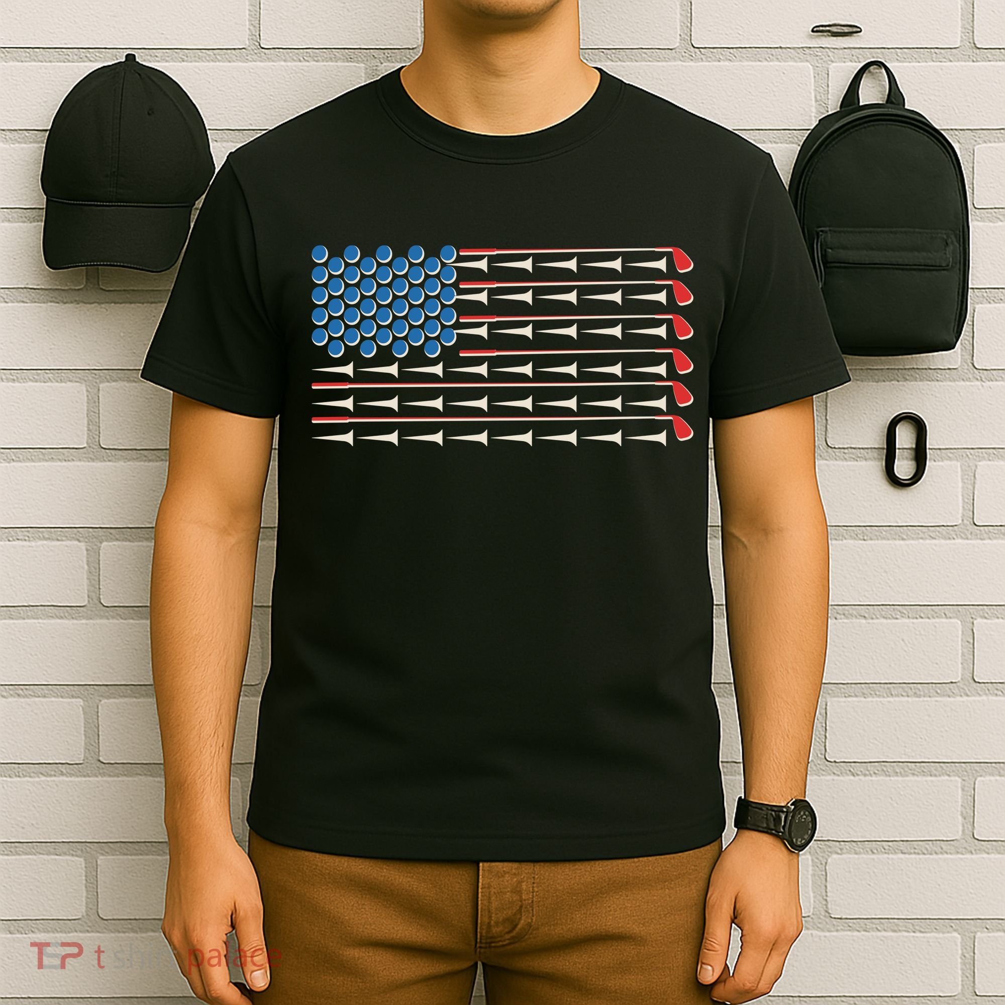 Golf Balls Tees Clubs USA American Flag T-Shirt