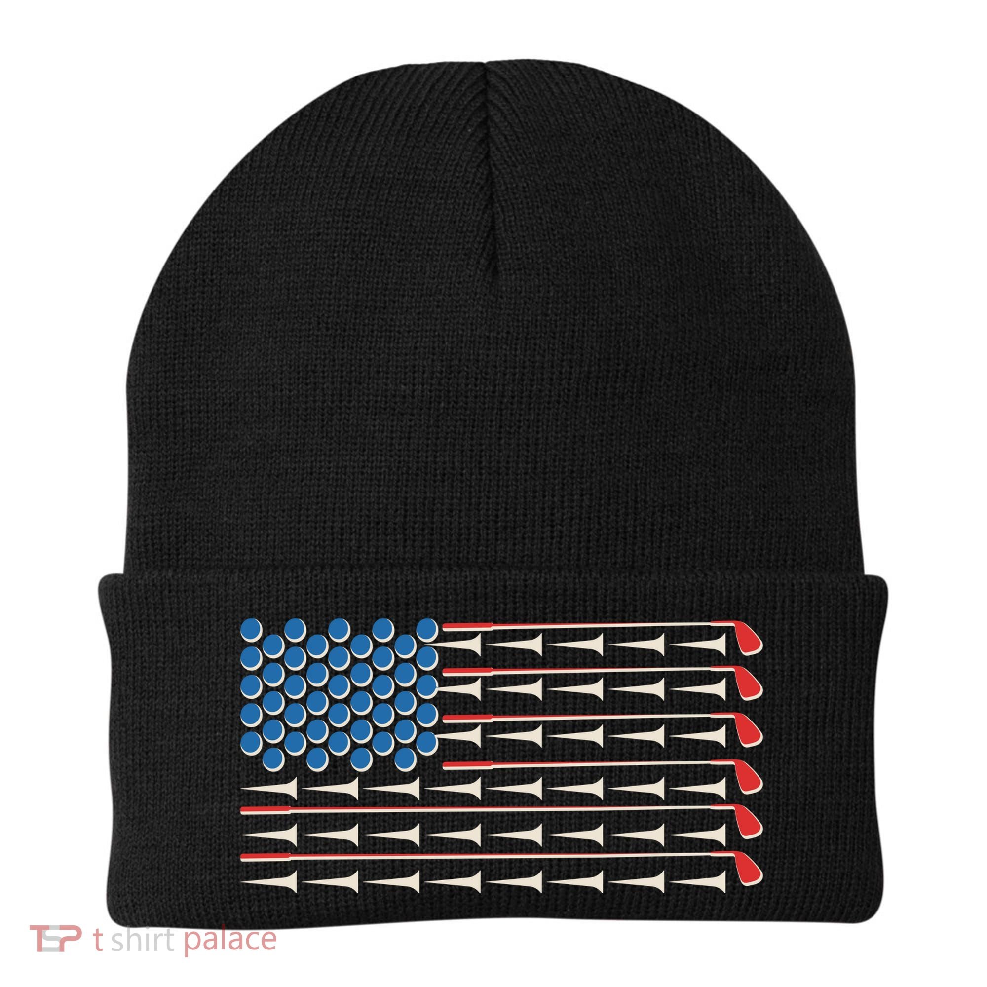 Golf Balls Tees Clubs USA American Flag Beanie